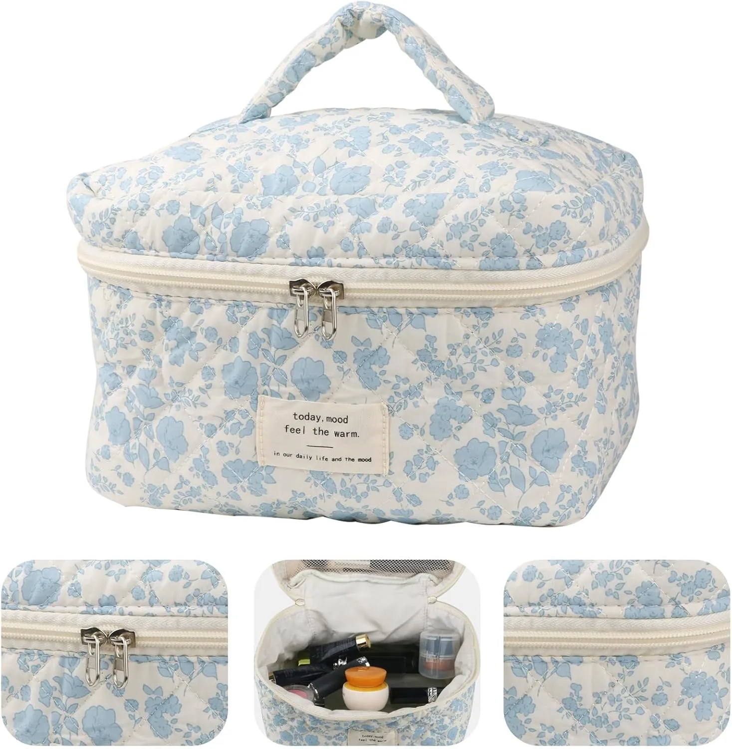 Makeup Bag Travel Essentials Quilted Cosmetic Toiletry Pouch Organizer Insert for Women Dorm Room Essential Gift Large Capacity Opening Lightweight Cute Aesthetic Portable 2PCS (Floral)