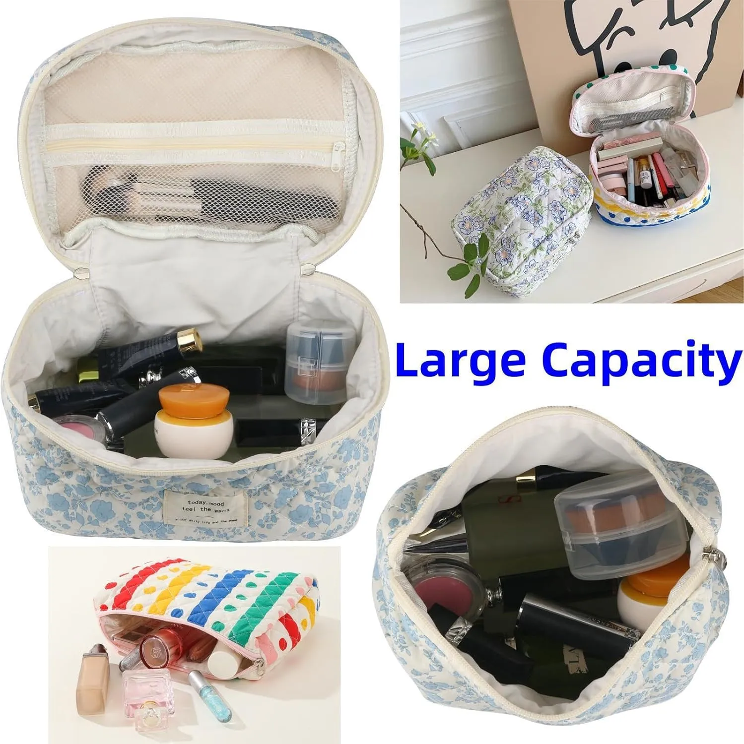 Makeup Bag Travel Essentials Quilted Cosmetic Toiletry Pouch Organizer Insert for Women Dorm Room Essential Gift Large Capacity Opening Lightweight Cute Aesthetic Portable 2PCS (Floral)