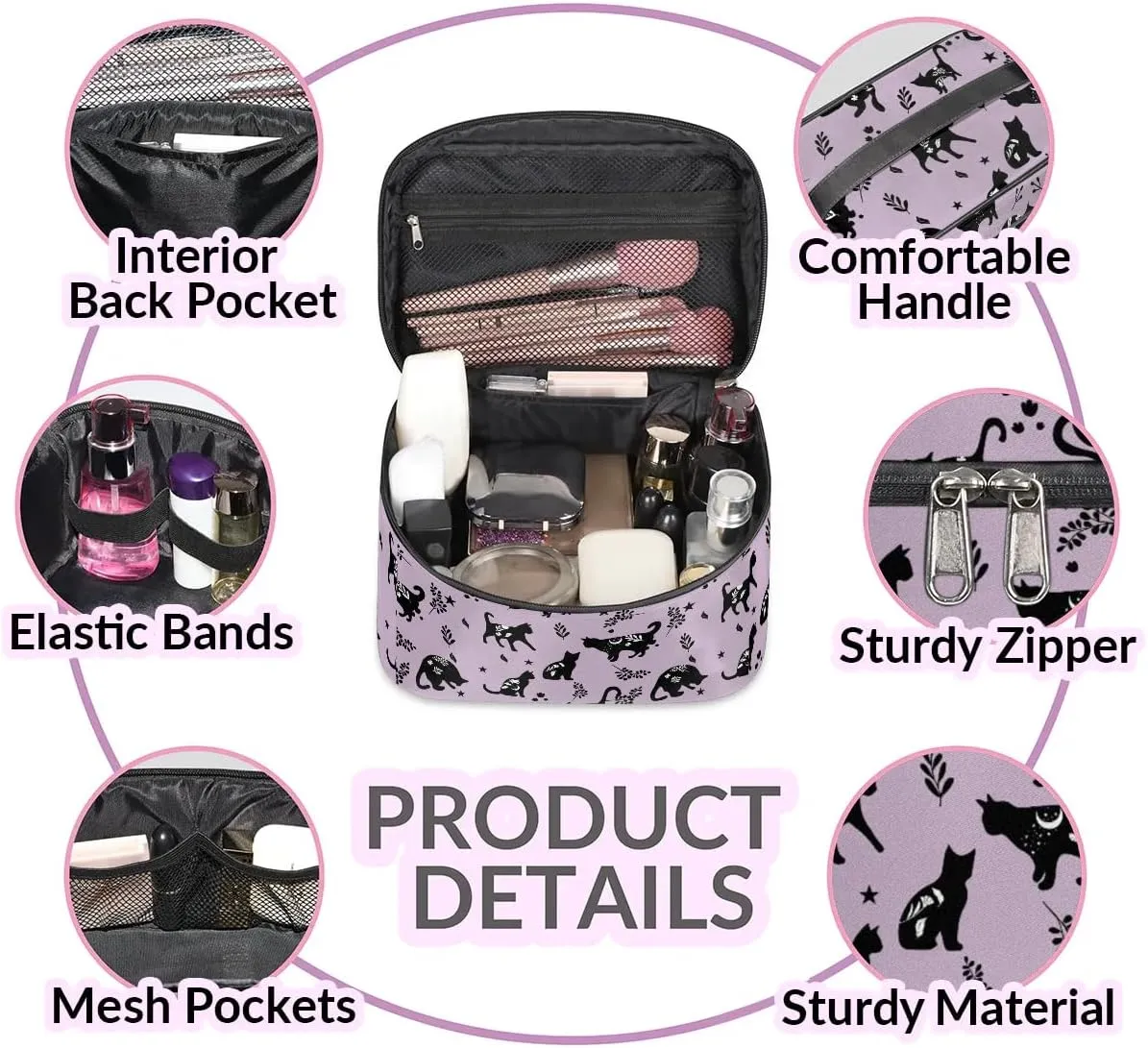 Makeup Travel Bag Organizer Toiletry Bag for Women Portable Cosmetic Storage Case with Handle, Large Capacity Lightweight Toiletries Brush Zipper Bag - Cat Magic