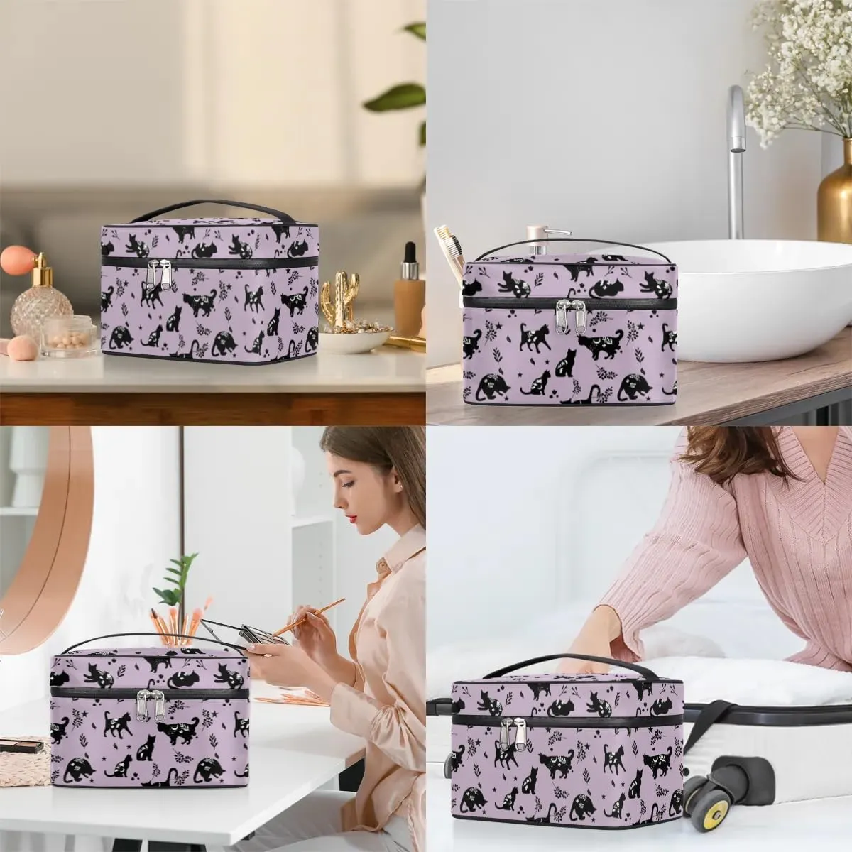Makeup Travel Bag Organizer Toiletry Bag for Women Portable Cosmetic Storage Case with Handle, Large Capacity Lightweight Toiletries Brush Zipper Bag - Cat Magic