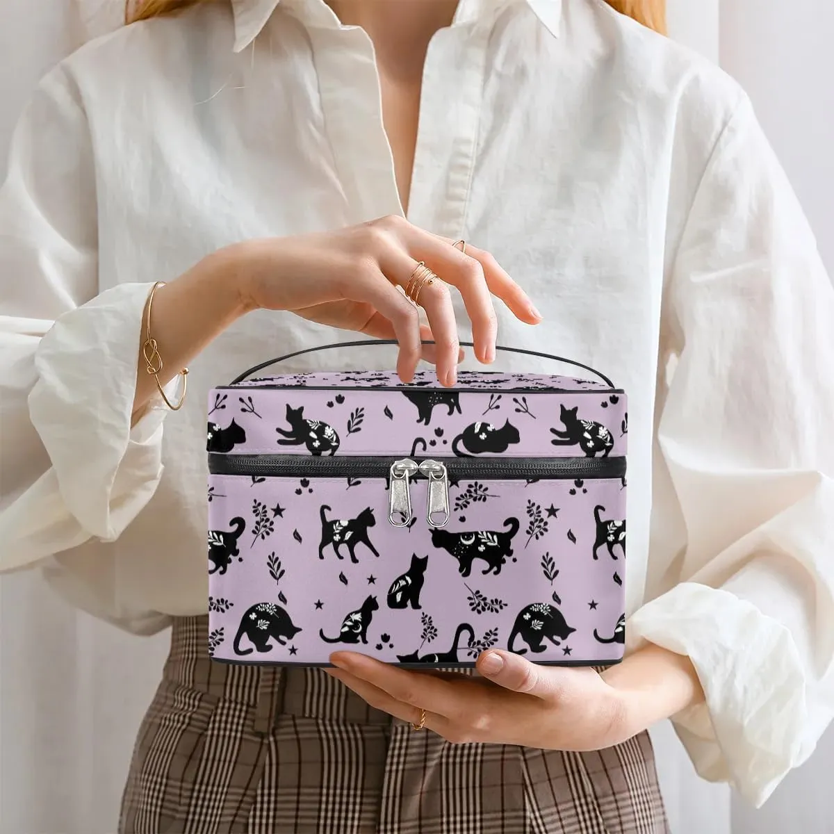 Makeup Travel Bag Organizer Toiletry Bag for Women Portable Cosmetic Storage Case with Handle, Large Capacity Lightweight Toiletries Brush Zipper Bag - Cat Magic