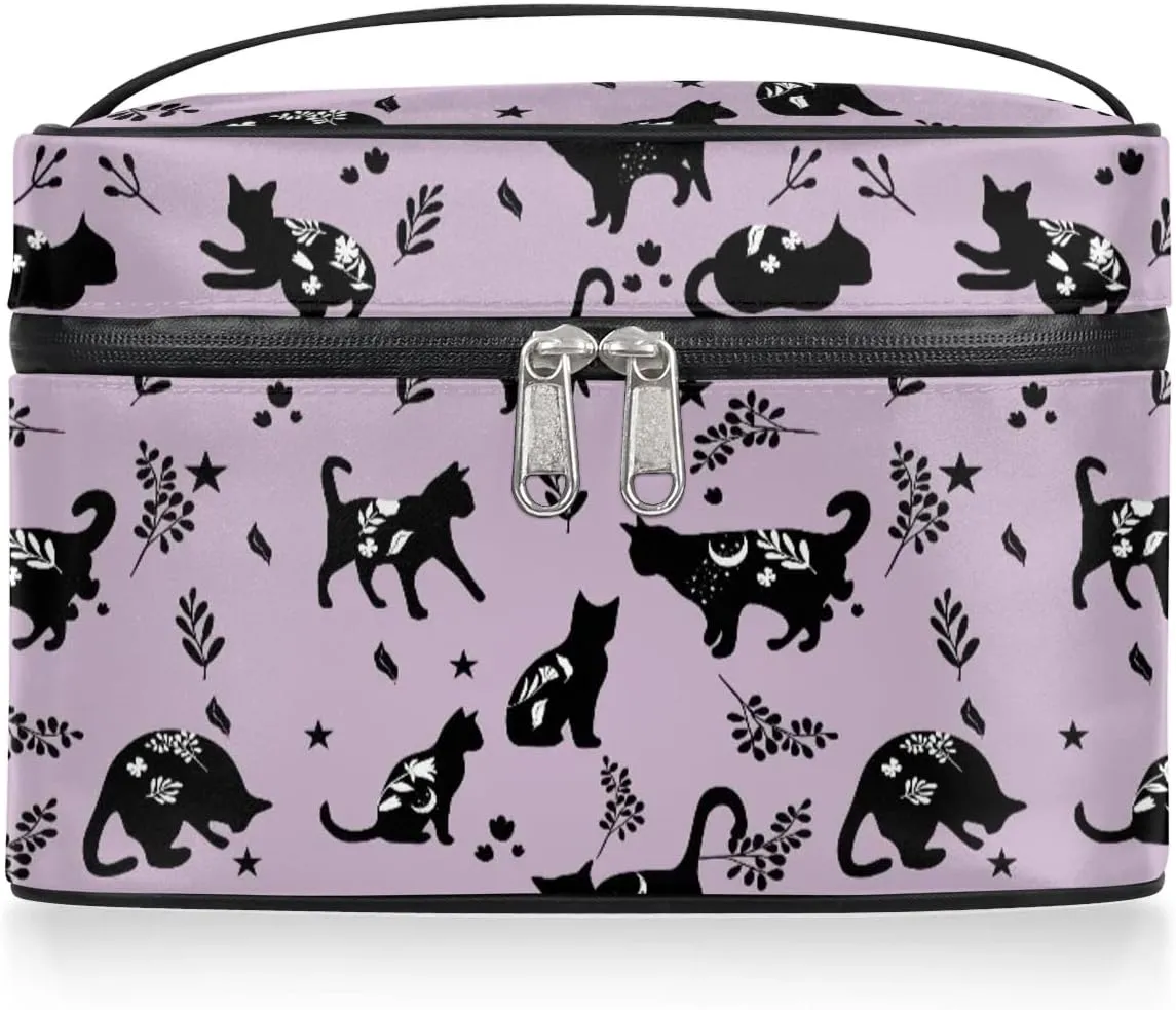 Makeup Travel Bag Organizer Toiletry Bag for Women Portable Cosmetic Storage Case with Handle, Large Capacity Lightweight Toiletries Brush Zipper Bag - Cat Magic