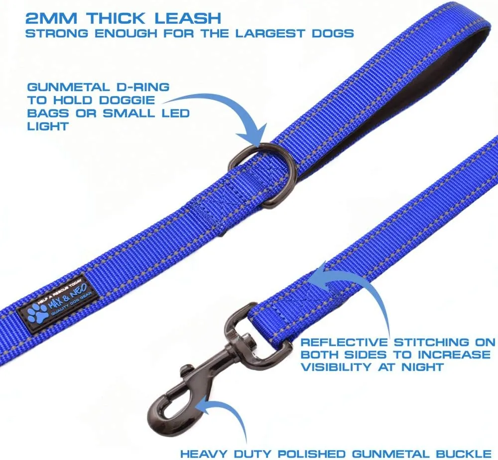 Max and Neo Double Handle Traffic Dog Leash Reflective - We Donate a Leash to a Dog Rescue for Every Leash Sold (Blue, 4 FT)