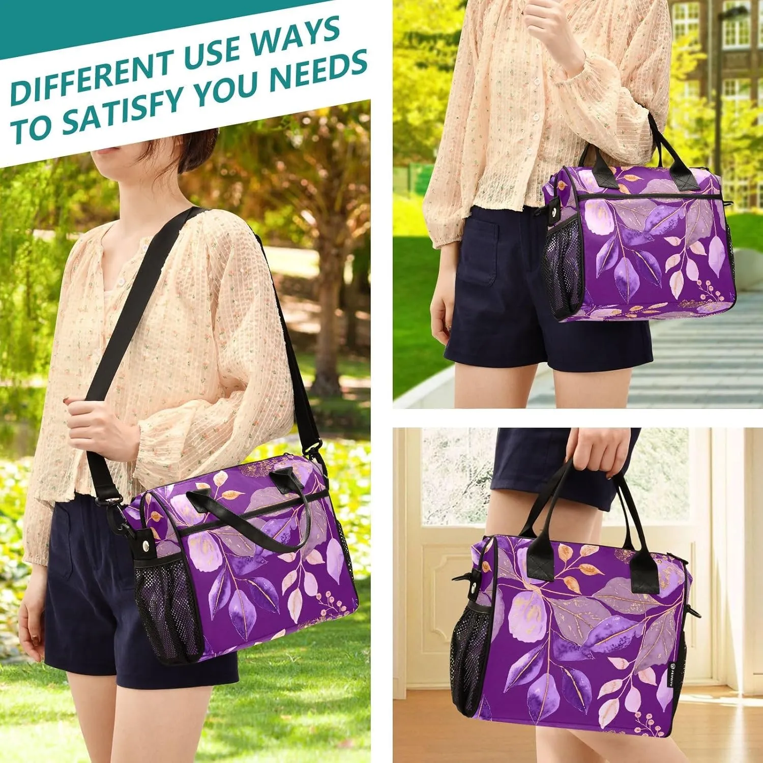 MCHIVER Foliage Golden Vein Purple Insulated Lunch Bag for Women Men Reusable Lunch Box Cooler Bag Thermal Meal Tote for Work Picnic Camping 11.4 * 6.2 * 11.8 In