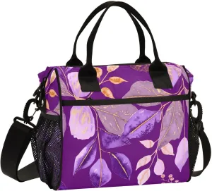 MCHIVER Foliage Golden Vein Purple Insulated Lunch Bag for Women Men Reusable Lunch Box Cooler Bag Thermal Meal Tote for Work Picnic Camping 11.4 * 6.2 * 11.8 In