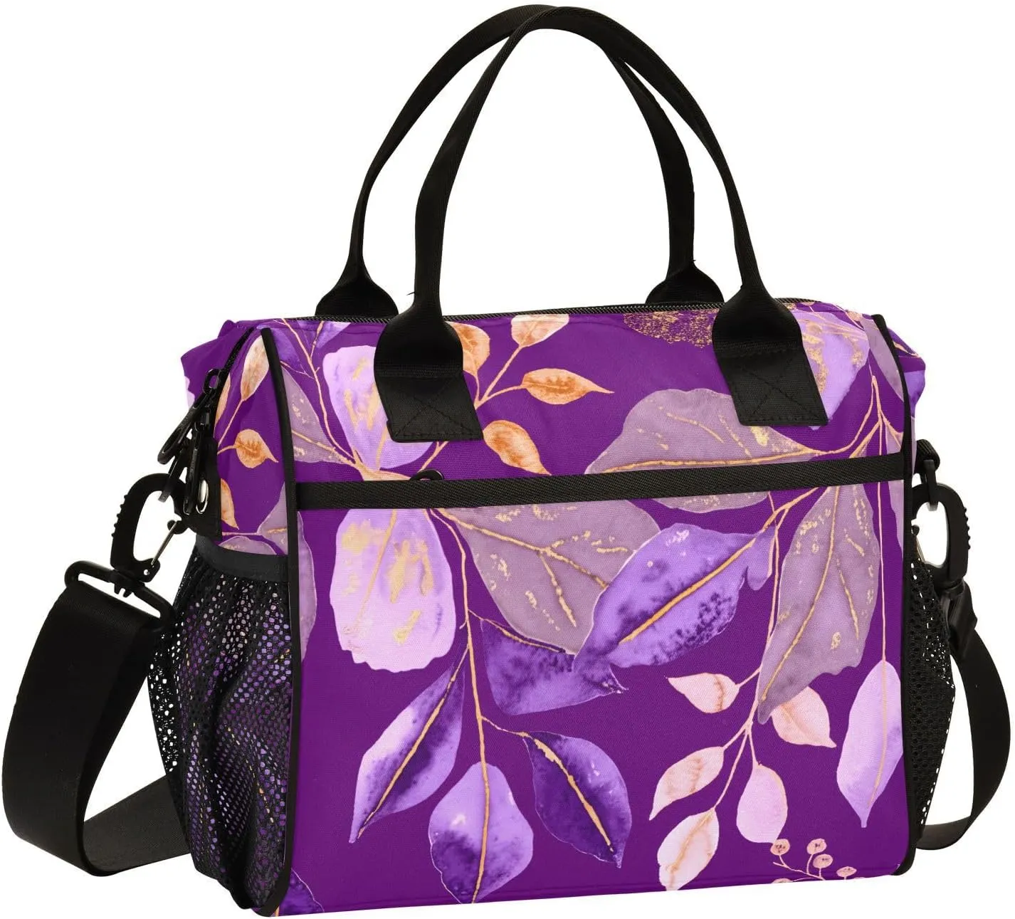 MCHIVER Foliage Golden Vein Purple Insulated Lunch Bag for Women Men Reusable Lunch Box Cooler Bag Thermal Meal Tote for Work Picnic Camping 11.4 * 6.2 * 11.8 In