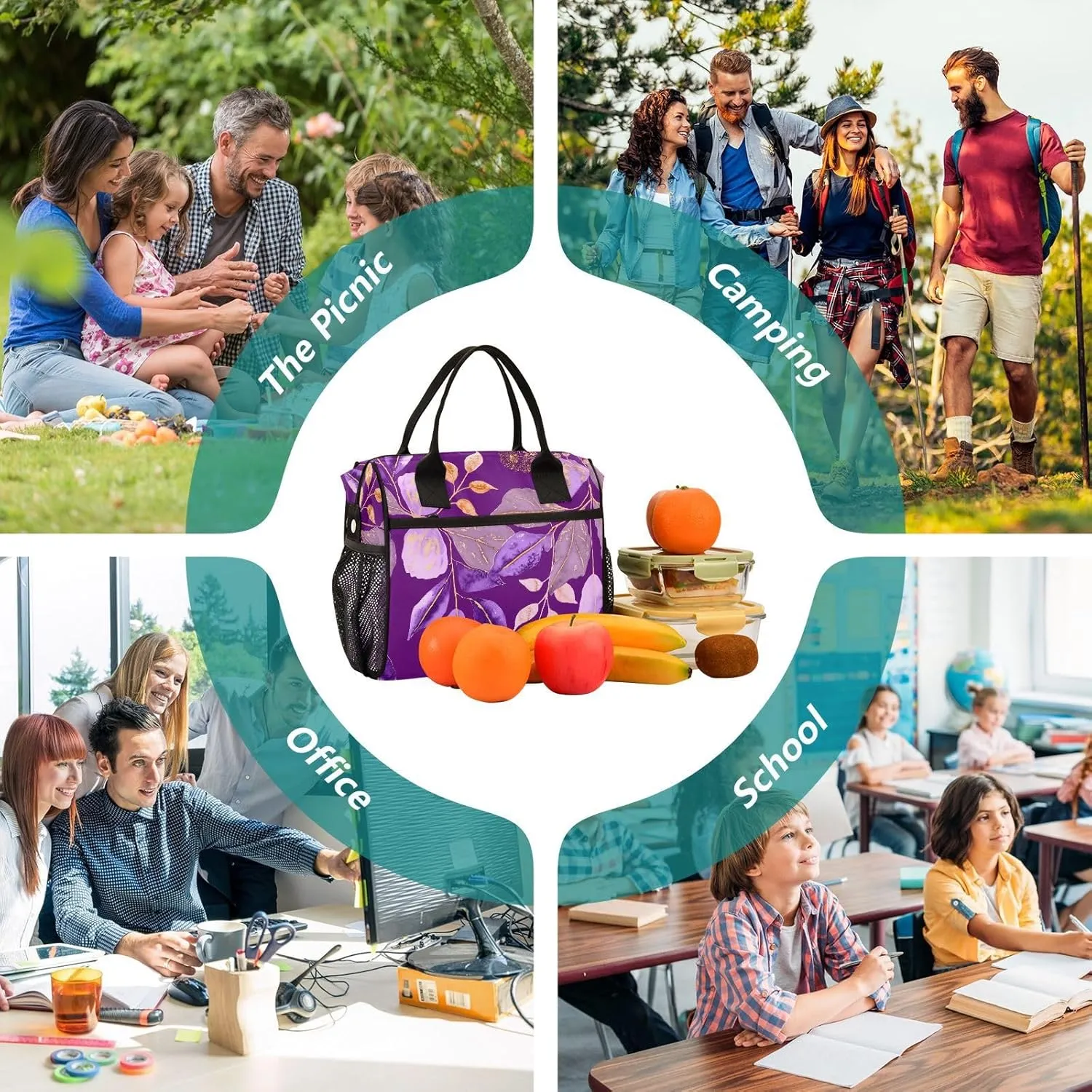 MCHIVER Foliage Golden Vein Purple Insulated Lunch Bag for Women Men Reusable Lunch Box Cooler Bag Thermal Meal Tote for Work Picnic Camping 11.4 * 6.2 * 11.8 In