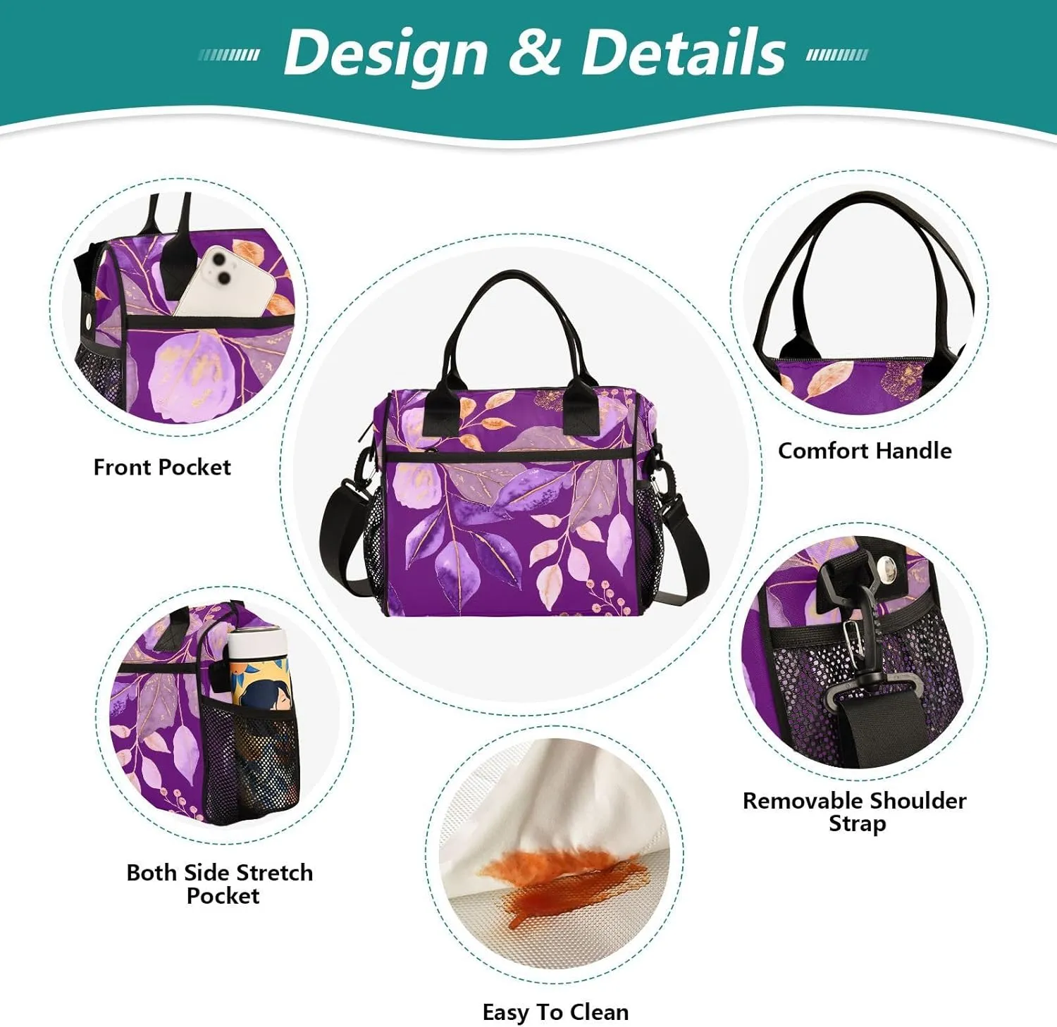 MCHIVER Foliage Golden Vein Purple Insulated Lunch Bag for Women Men Reusable Lunch Box Cooler Bag Thermal Meal Tote for Work Picnic Camping 11.4 * 6.2 * 11.8 In