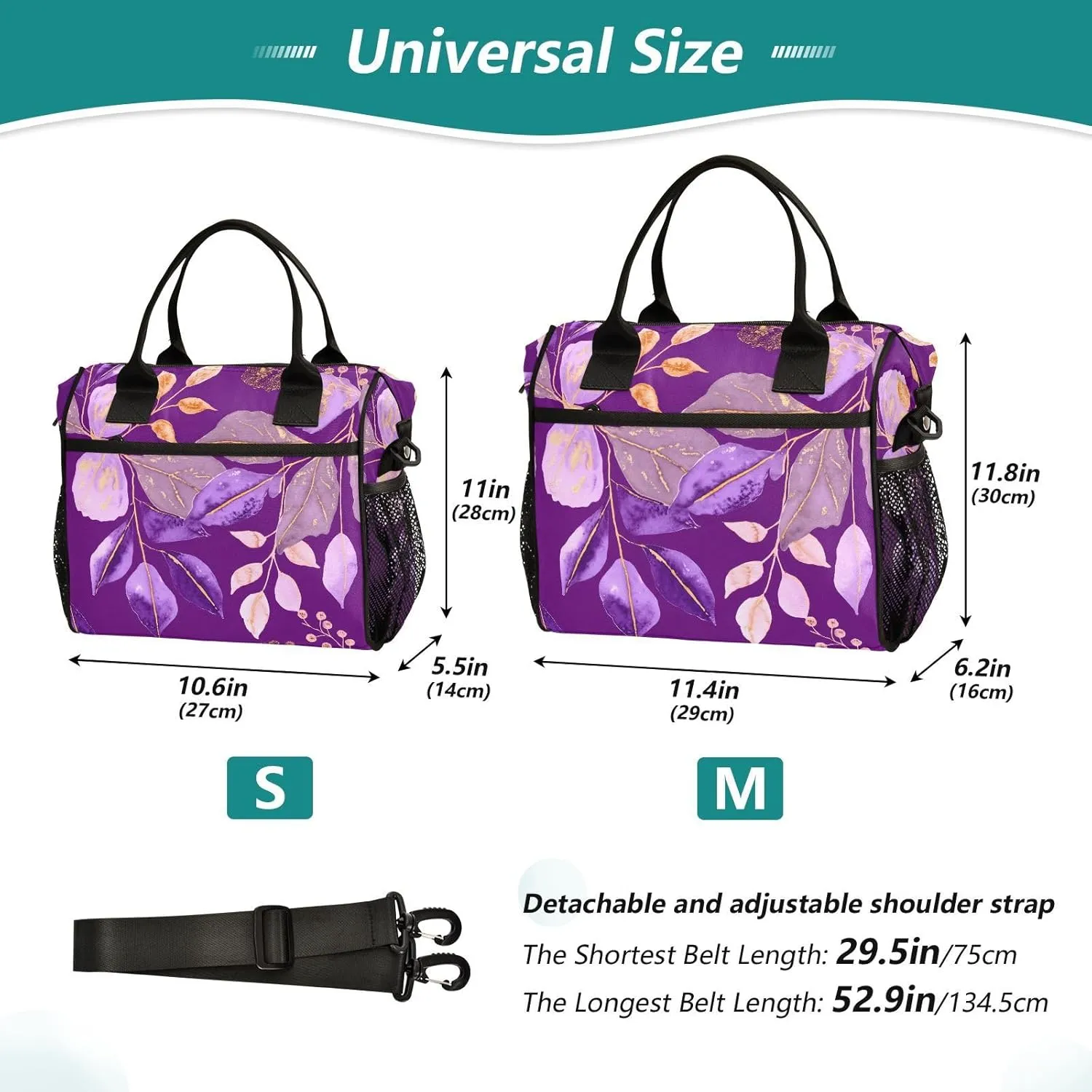 MCHIVER Foliage Golden Vein Purple Insulated Lunch Bag for Women Men Reusable Lunch Box Cooler Bag Thermal Meal Tote for Work Picnic Camping 11.4 * 6.2 * 11.8 In