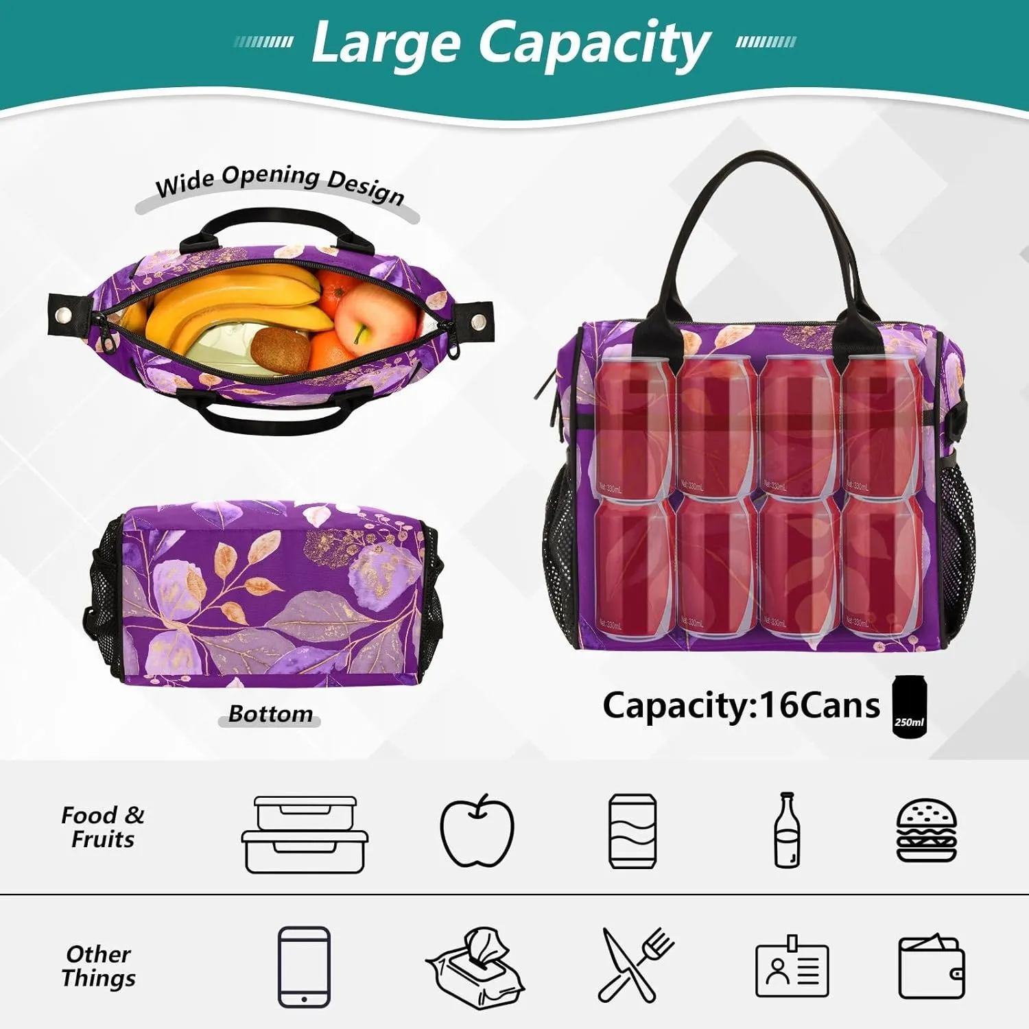 MCHIVER Foliage Golden Vein Purple Insulated Lunch Bag for Women Men Reusable Lunch Box Cooler Bag Thermal Meal Tote for Work Picnic Camping 11.4 * 6.2 * 11.8 In