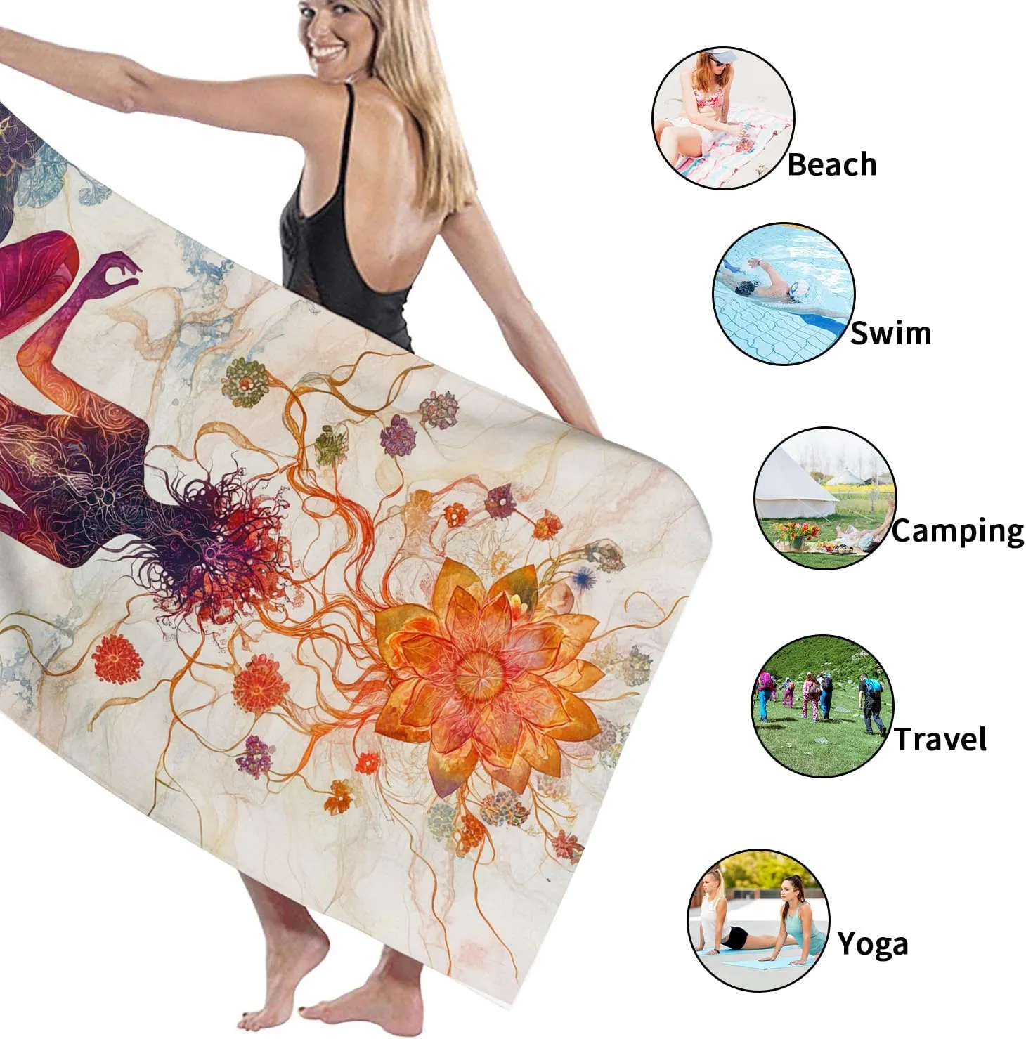 Meditative Ocean Breeze Beach Towel Colorful Spiritual Art Microfiber Towel, Quick Dry Soft Sand Free Lightweight Blanket, Yoga Travel Picnic Essentials 62x31 Inch
