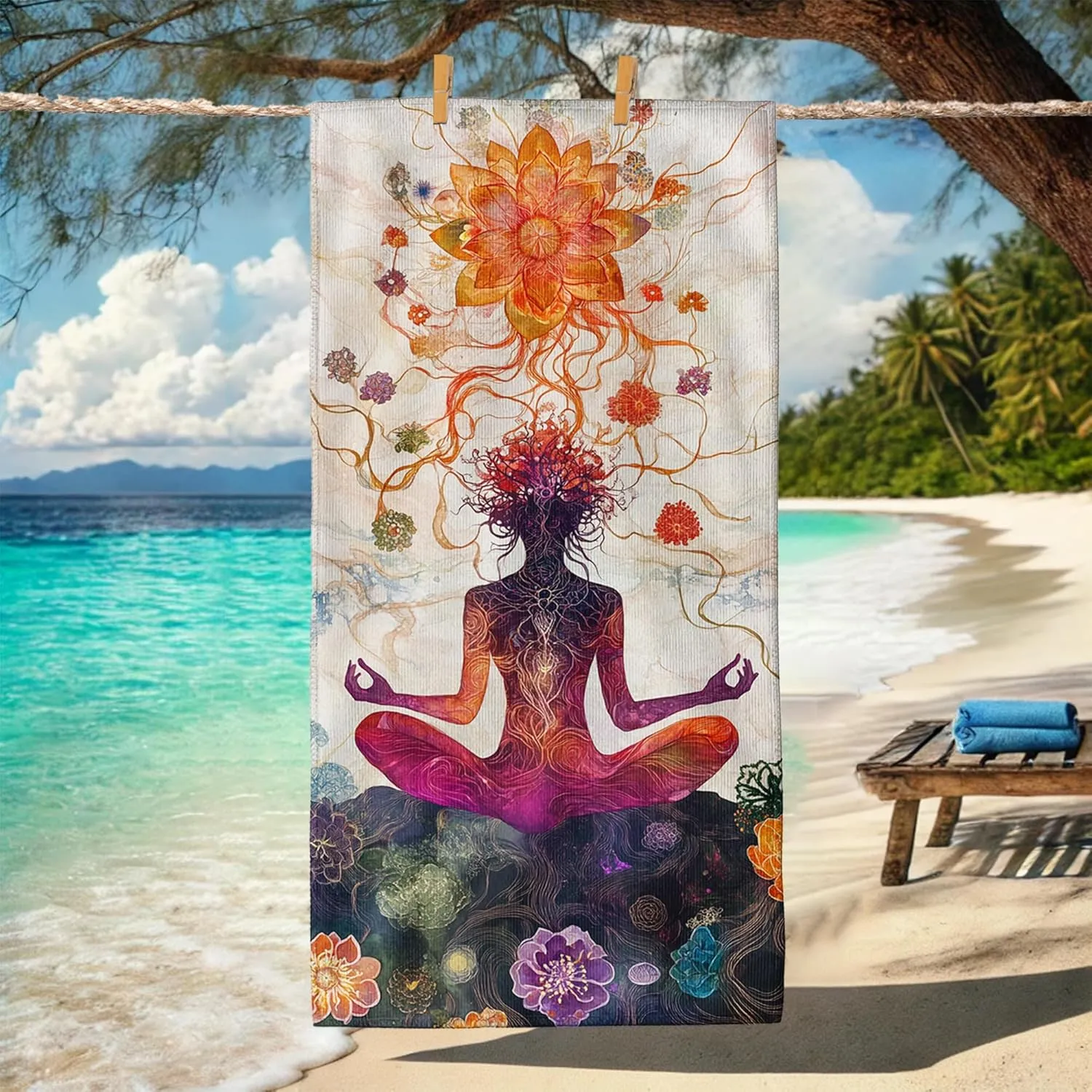 Meditative Ocean Breeze Beach Towel Colorful Spiritual Art Microfiber Towel, Quick Dry Soft Sand Free Lightweight Blanket, Yoga Travel Picnic Essentials 62x31 Inch