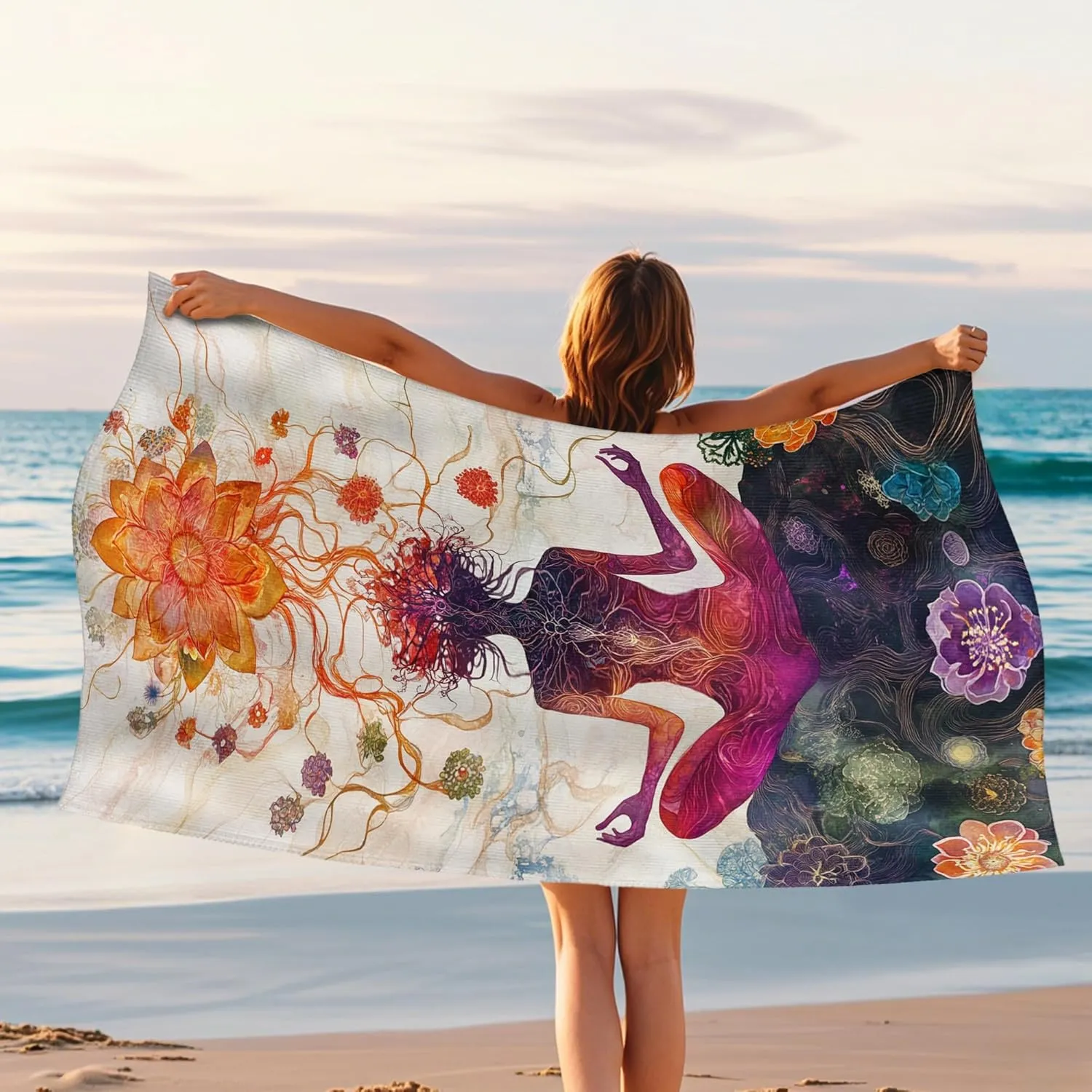 Meditative Ocean Breeze Beach Towel Colorful Spiritual Art Microfiber Towel, Quick Dry Soft Sand Free Lightweight Blanket, Yoga Travel Picnic Essentials 62x31 Inch