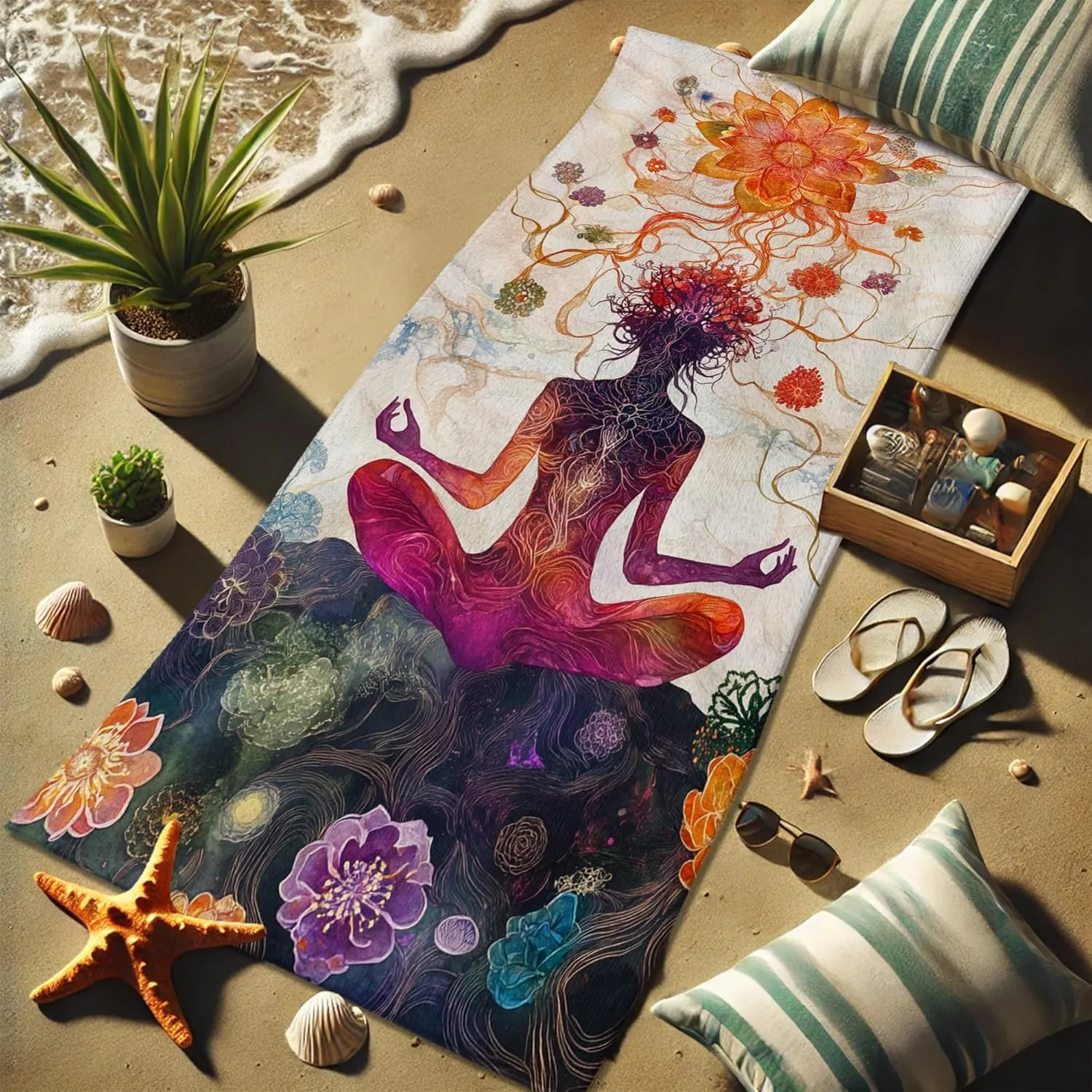 Meditative Ocean Breeze Beach Towel Colorful Spiritual Art Microfiber Towel, Quick Dry Soft Sand Free Lightweight Blanket, Yoga Travel Picnic Essentials 62x31 Inch