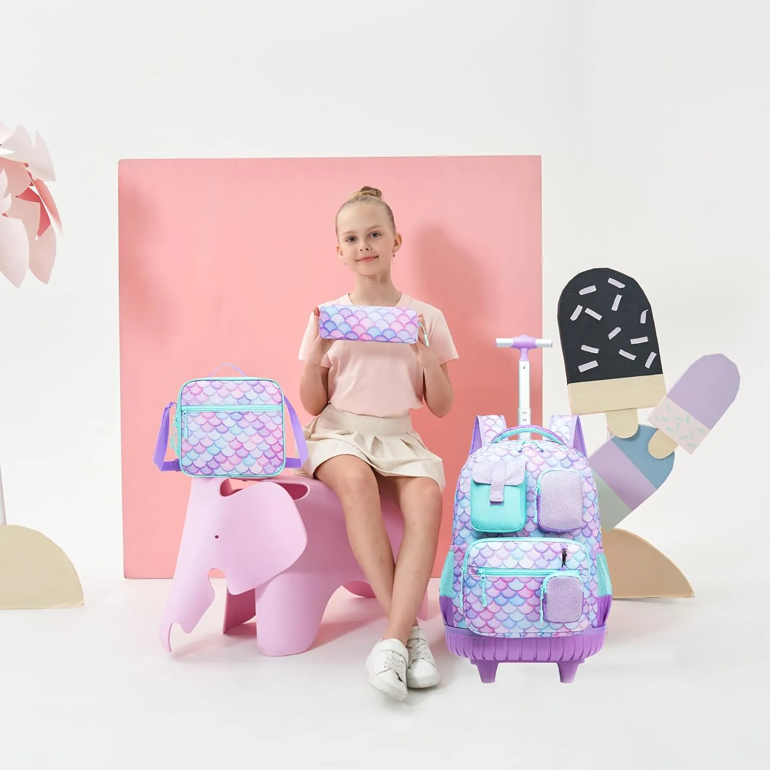 Meetbelify Rolling Backpack for Girls Mermaid Backpack with Wheels Kids Wheeled Backpacks for Elementary Students Roller Backpacks for Girls Ages 8-10 Back to School Supplies