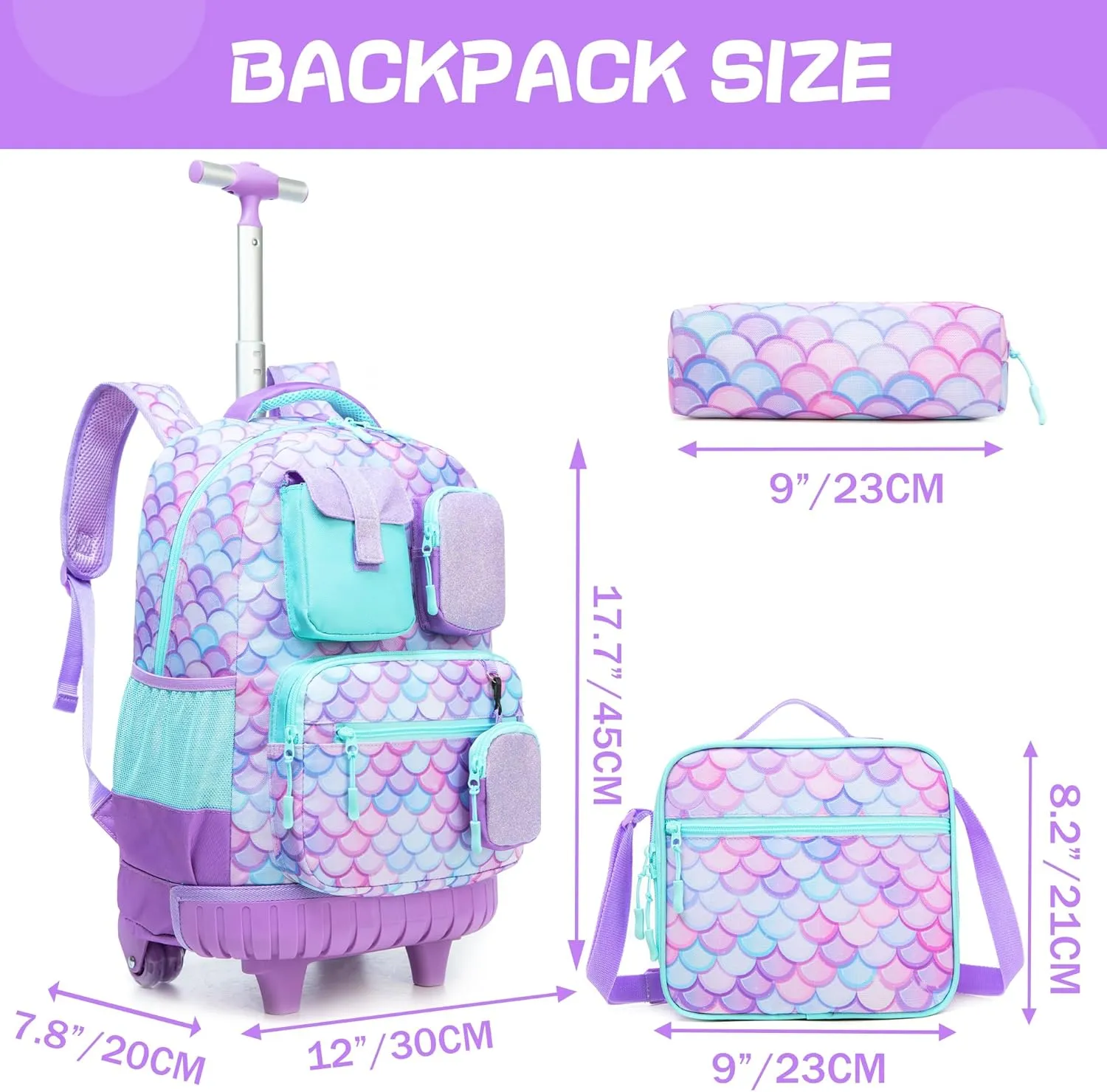 Meetbelify Rolling Backpack for Girls Mermaid Backpack with Wheels Kids Wheeled Backpacks for Elementary Students Roller Backpacks for Girls Ages 8-10 Back to School Supplies