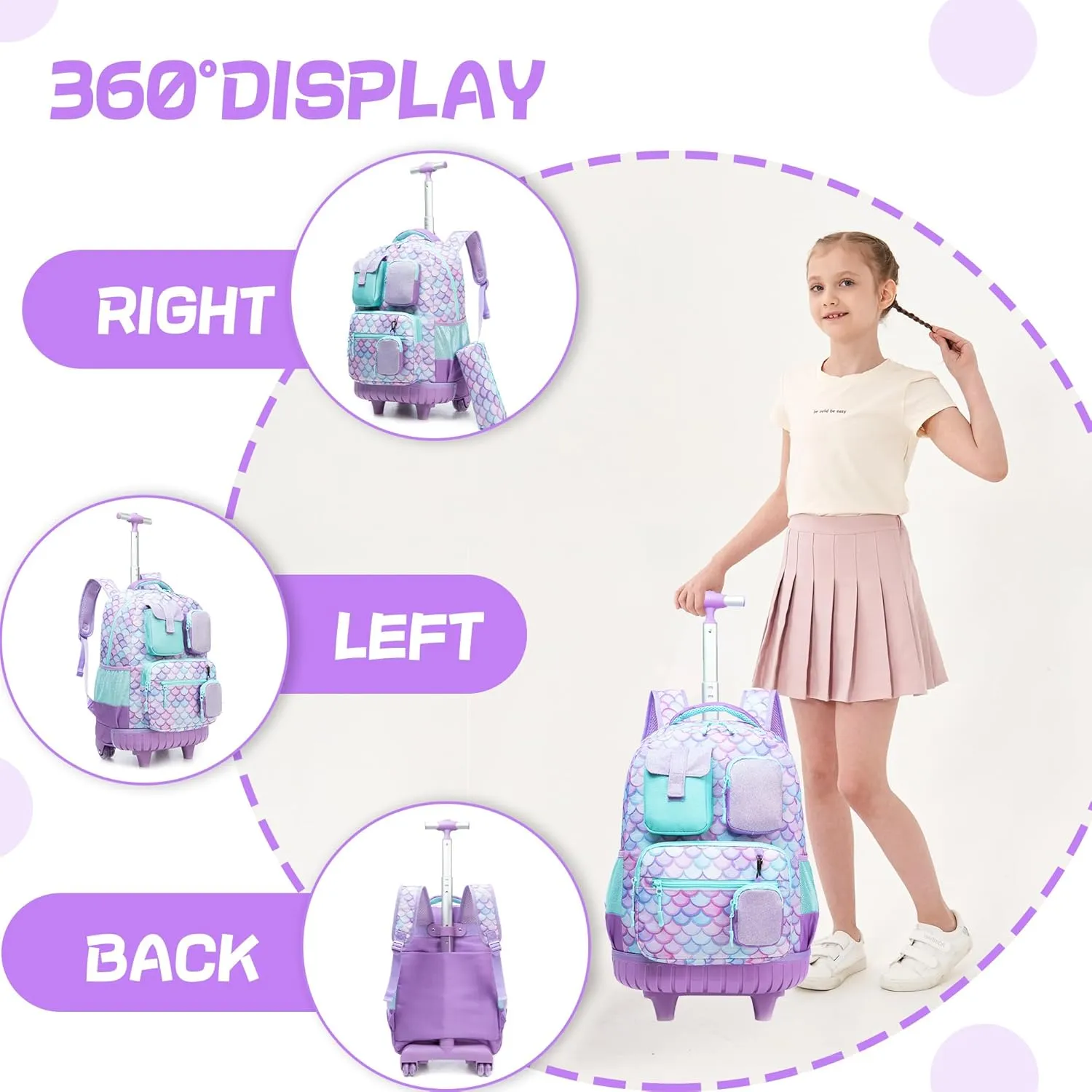 Meetbelify Rolling Backpack for Girls Mermaid Backpack with Wheels Kids Wheeled Backpacks for Elementary Students Roller Backpacks for Girls Ages 8-10 Back to School Supplies