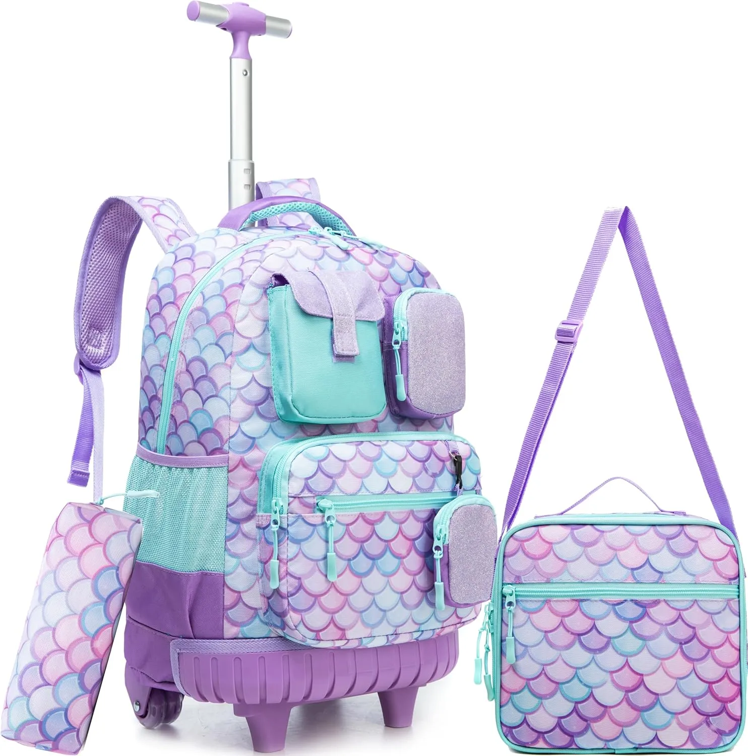 Meetbelify Rolling Backpack for Girls Mermaid Backpack with Wheels Kids Wheeled Backpacks for Elementary Students Roller Backpacks for Girls Ages 8-10 Back to School Supplies