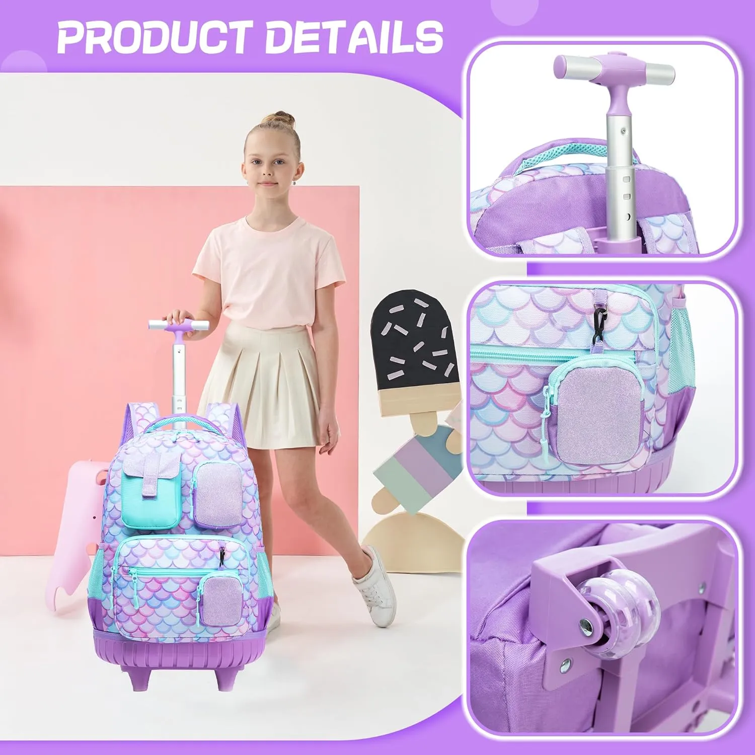 Meetbelify Rolling Backpack for Girls Mermaid Backpack with Wheels Kids Wheeled Backpacks for Elementary Students Roller Backpacks for Girls Ages 8-10 Back to School Supplies