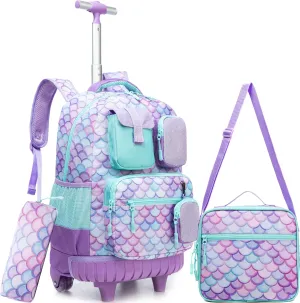 Meetbelify Rolling Backpack for Girls Mermaid Backpack with Wheels Kids Wheeled Backpacks for Elementary Students Roller Backpacks for Girls Ages 8-10 Back to School Supplies