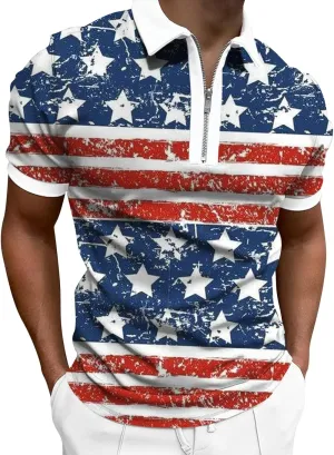 Men's 4Th of July Polo Shirt Short Sleeve 1/4 Zipper Patriotic Golf Shirts Graphic Workout American Flag T-Shirts