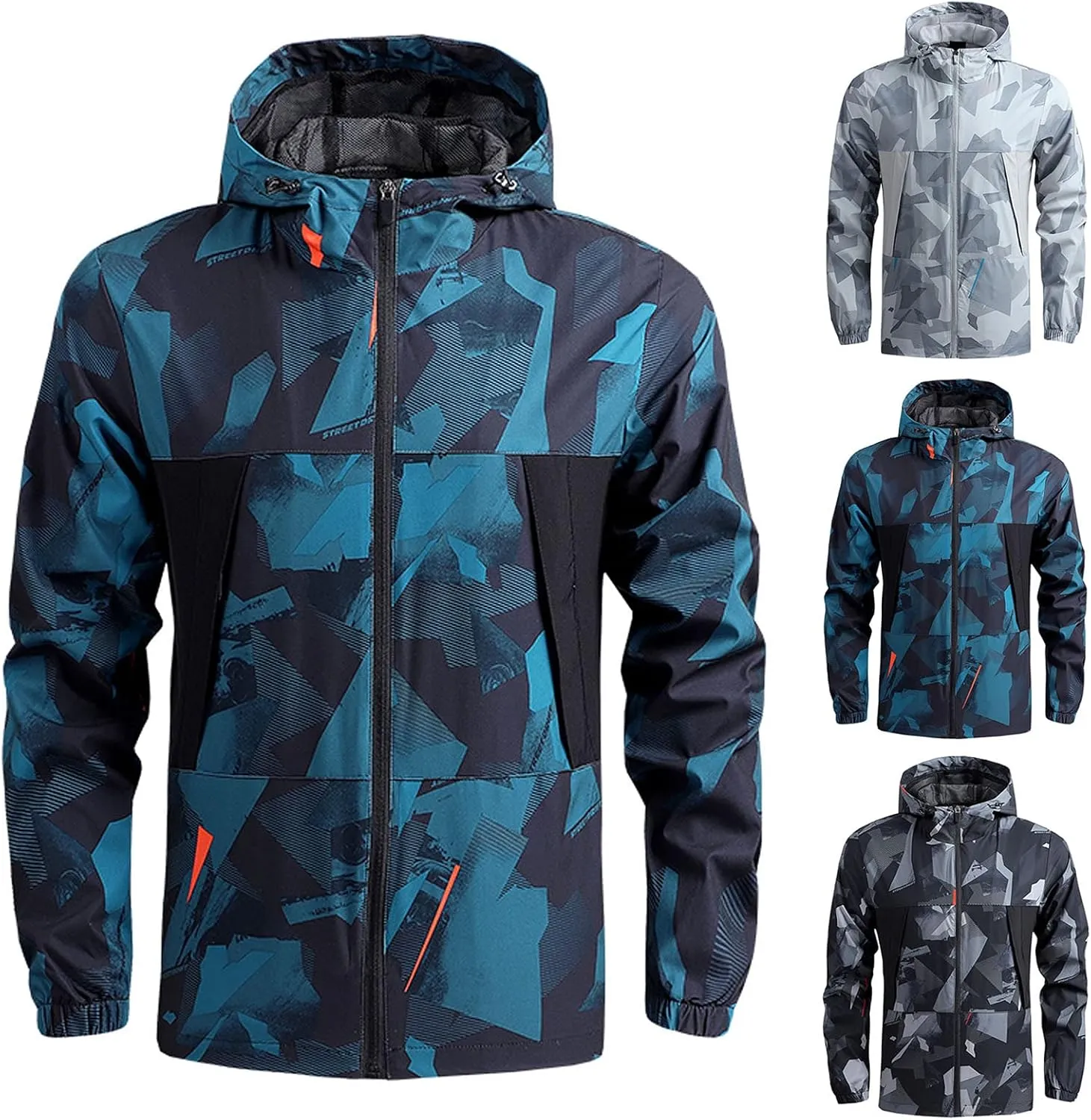 Men's Rain Jacket Waterproof Breathable Camo Hooded Windbreaker Jacket Men's Outdoor Sports Jackets Lightweight Coat