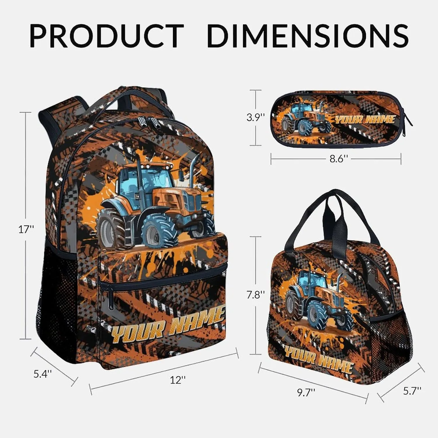 Mercuryelf Backpack and Lunch Box Set - 17 Inch Boys Bookbag with Lunch Bag for Primary Middle - Personalized Cool 3 in 1 Tractor Backpacks Set