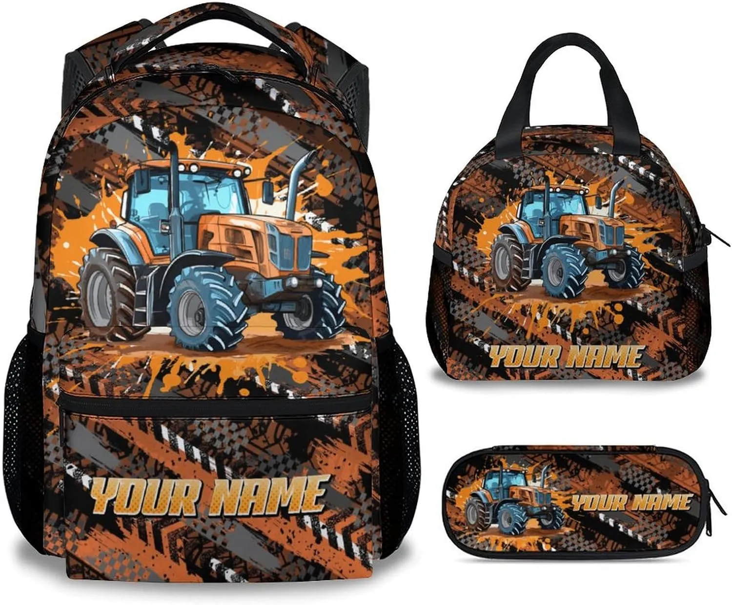 Mercuryelf Backpack and Lunch Box Set - 17 Inch Boys Bookbag with Lunch Bag for Primary Middle - Personalized Cool 3 in 1 Tractor Backpacks Set