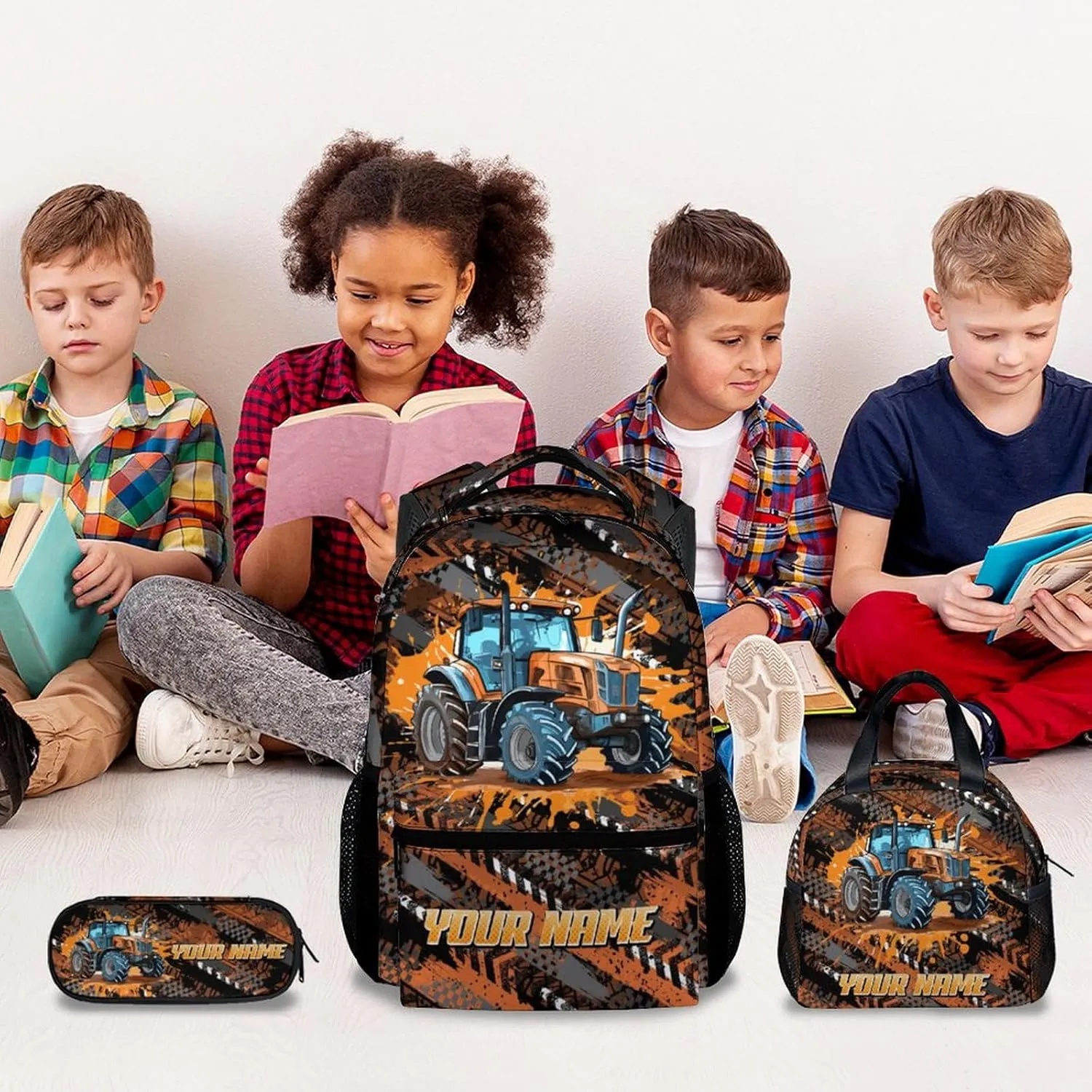 Mercuryelf Backpack and Lunch Box Set - 17 Inch Boys Bookbag with Lunch Bag for Primary Middle - Personalized Cool 3 in 1 Tractor Backpacks Set