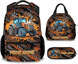 Mercuryelf Backpack and Lunch Box Set - 17 Inch Boys Bookbag with Lunch Bag for Primary Middle - Personalized Cool 3 in 1 Tractor Backpacks Set