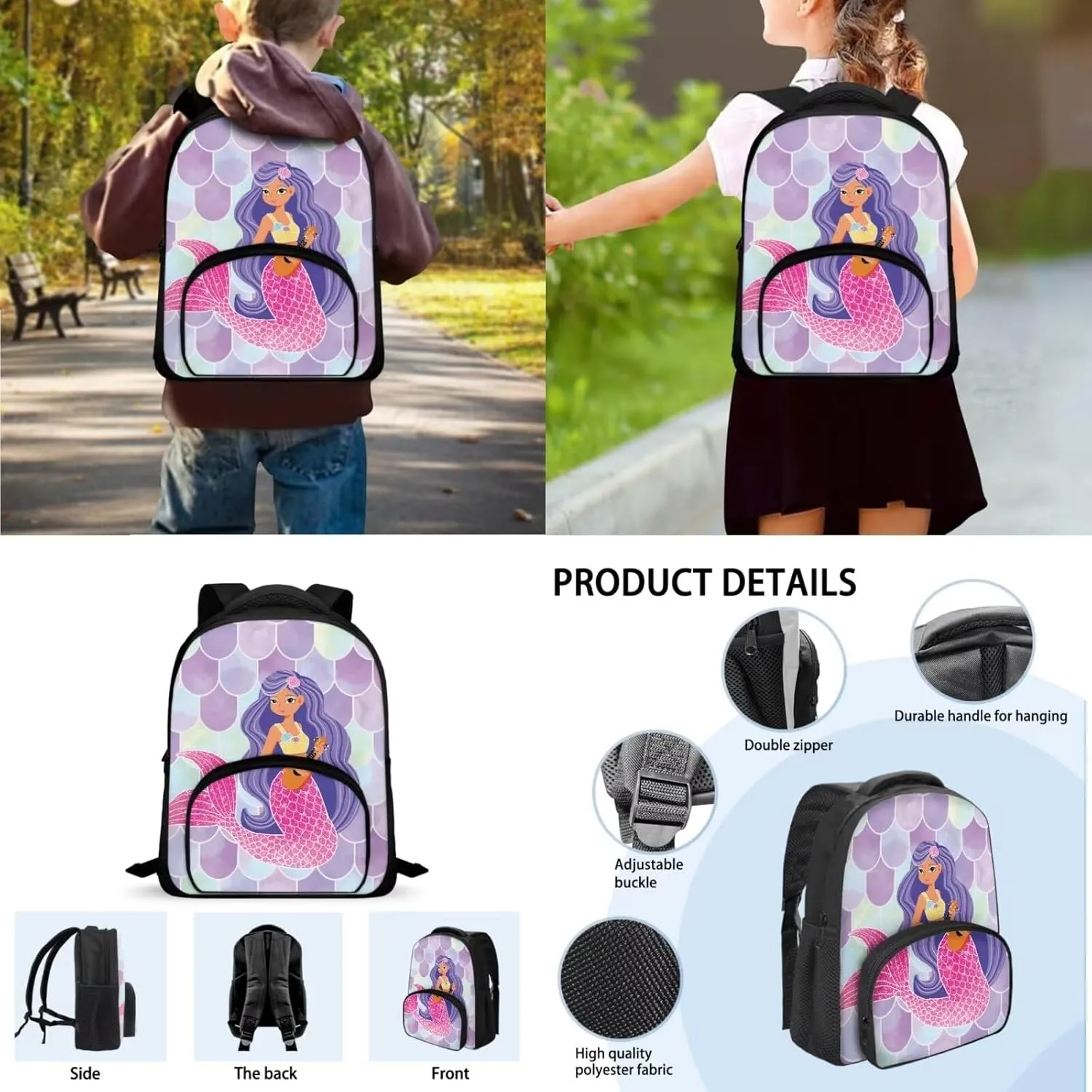Mermaid Backpack Set for Kids Girls Preschool Elementary School Backpack Bookbags with Insulated Lunch Bag Handbag Pencil Case 3 Pack Set Bookbag Lunch Bag