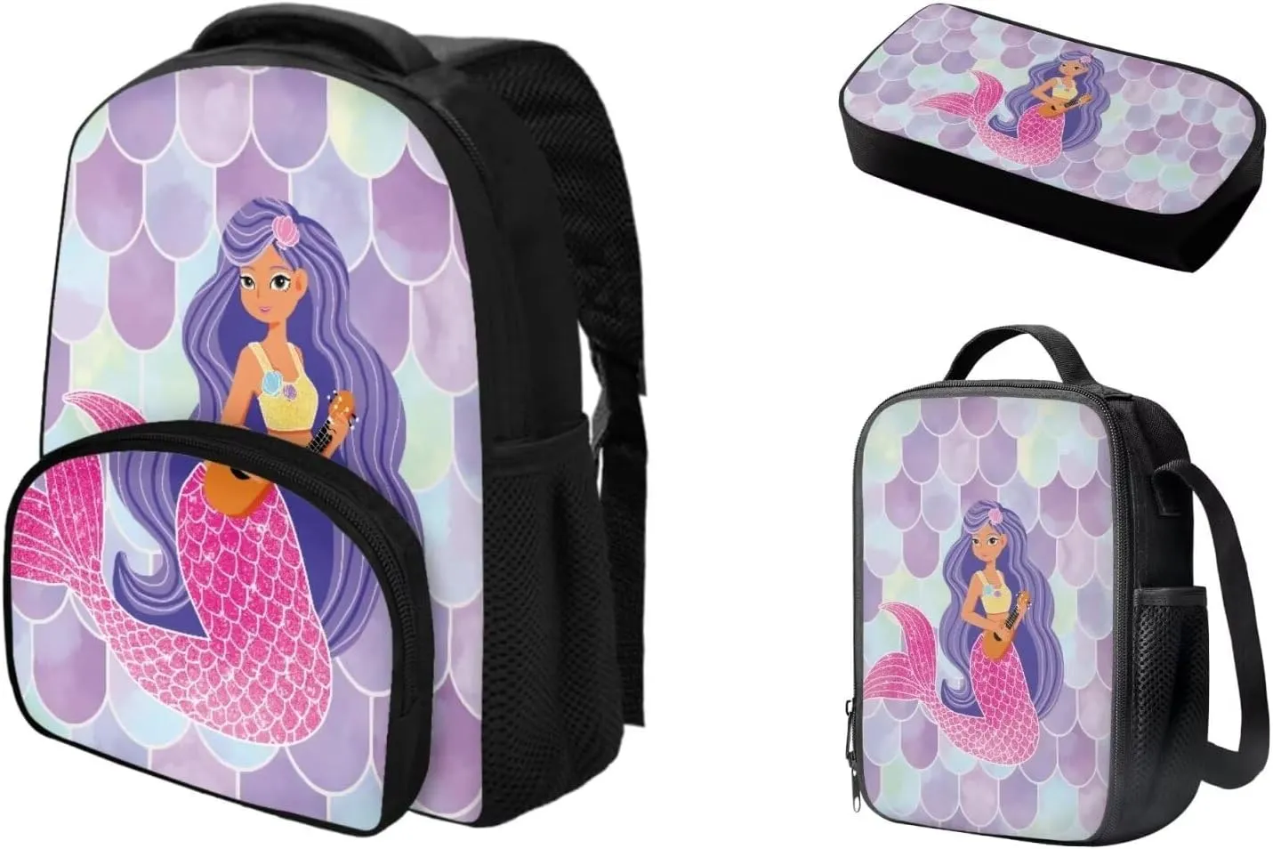 Mermaid Backpack Set for Kids Girls Preschool Elementary School Backpack Bookbags with Insulated Lunch Bag Handbag Pencil Case 3 Pack Set Bookbag Lunch Bag