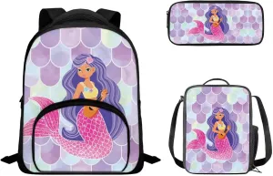 Mermaid Backpack Set for Kids Girls Preschool Elementary School Backpack Bookbags with Insulated Lunch Bag Handbag Pencil Case 3 Pack Set Bookbag Lunch Bag