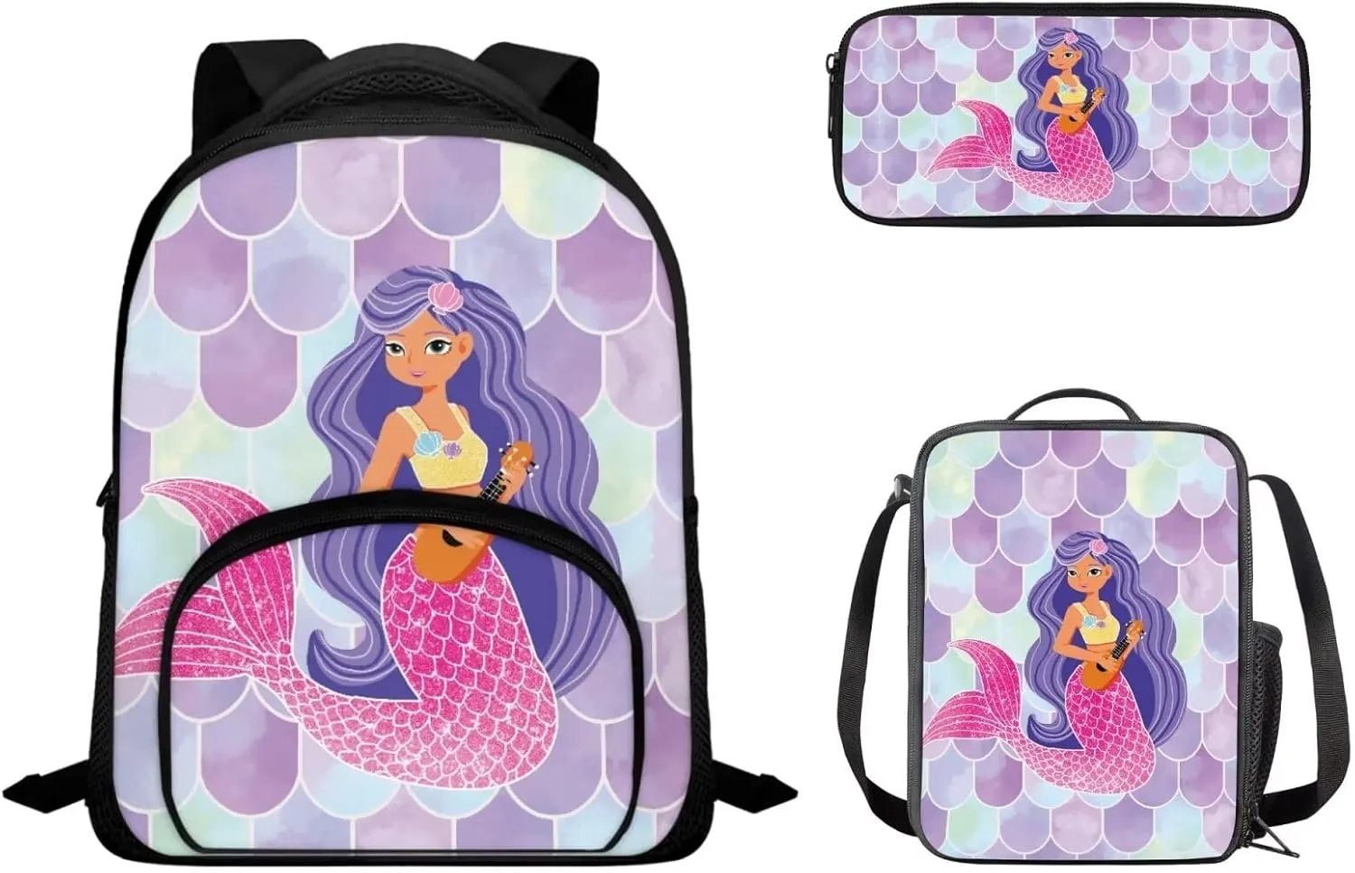 Mermaid Backpack Set for Kids Girls Preschool Elementary School Backpack Bookbags with Insulated Lunch Bag Handbag Pencil Case 3 Pack Set Bookbag Lunch Bag