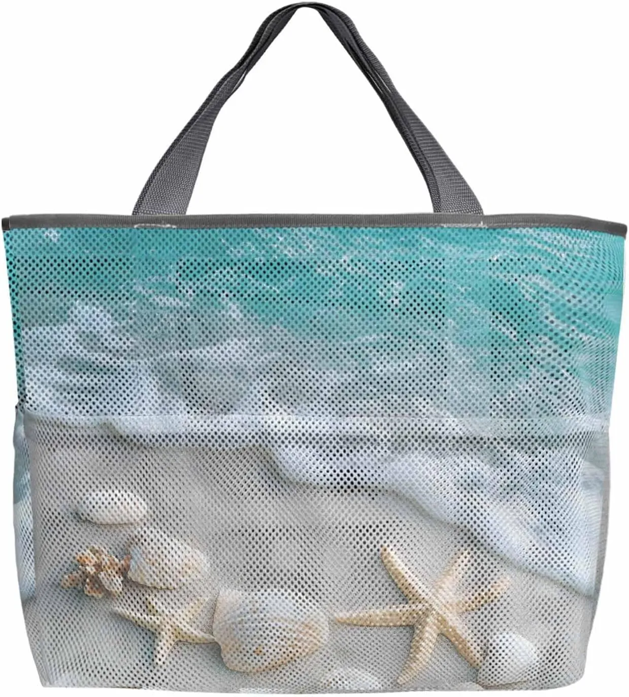 Mesh Beach Bag Oversized Tote Bags for Women Coastal Beach Shell Starfish Large Travel Pool Bags with 8 Pockets