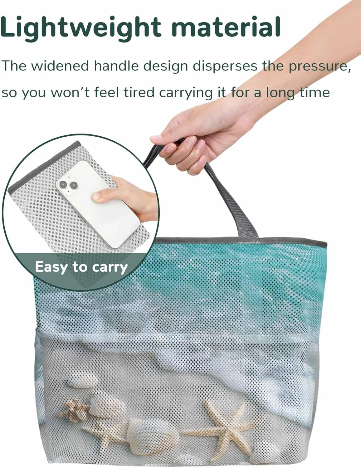 Mesh Beach Bag Oversized Tote Bags for Women Coastal Beach Shell Starfish Large Travel Pool Bags with 8 Pockets