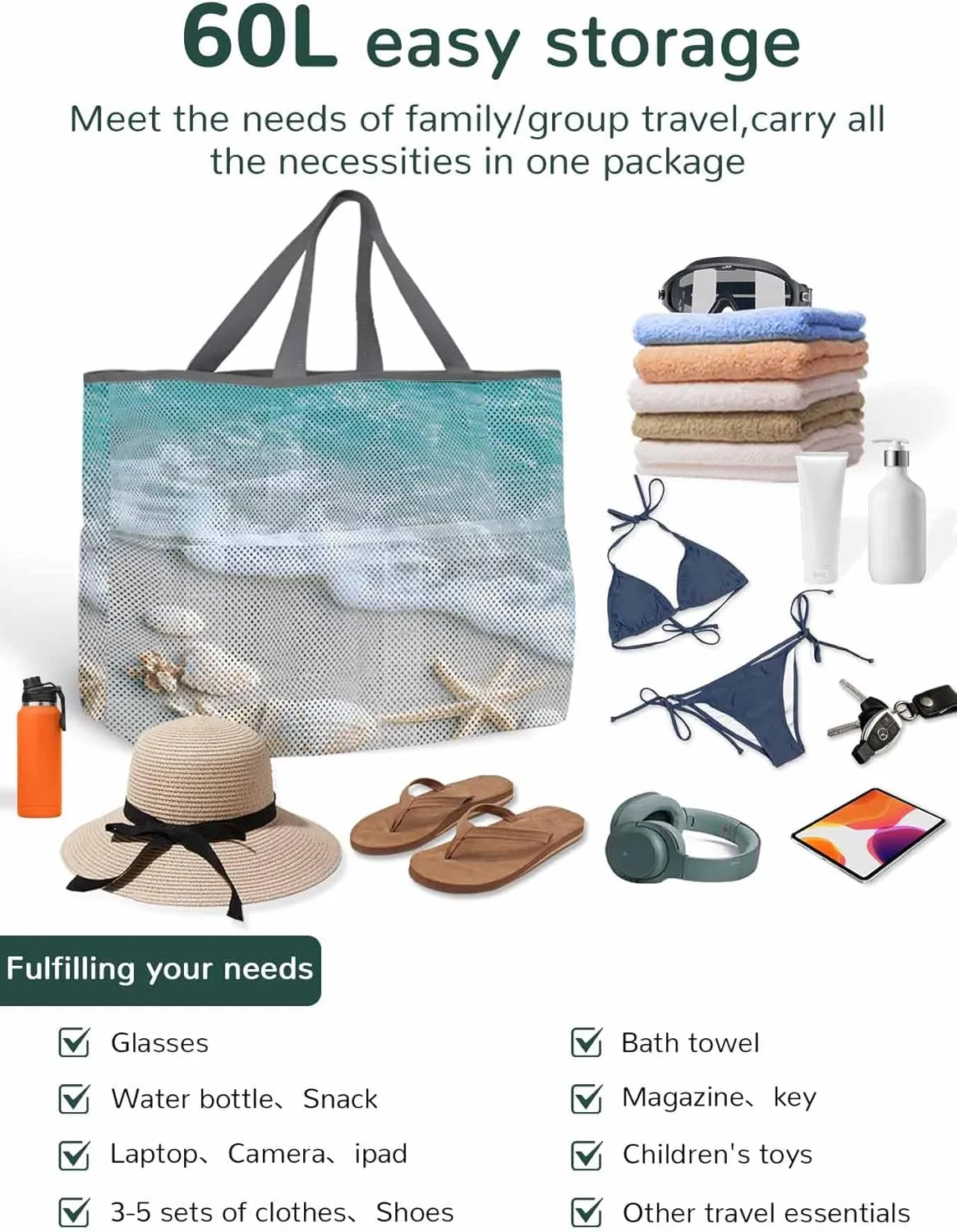 Mesh Beach Bag Oversized Tote Bags for Women Coastal Beach Shell Starfish Large Travel Pool Bags with 8 Pockets