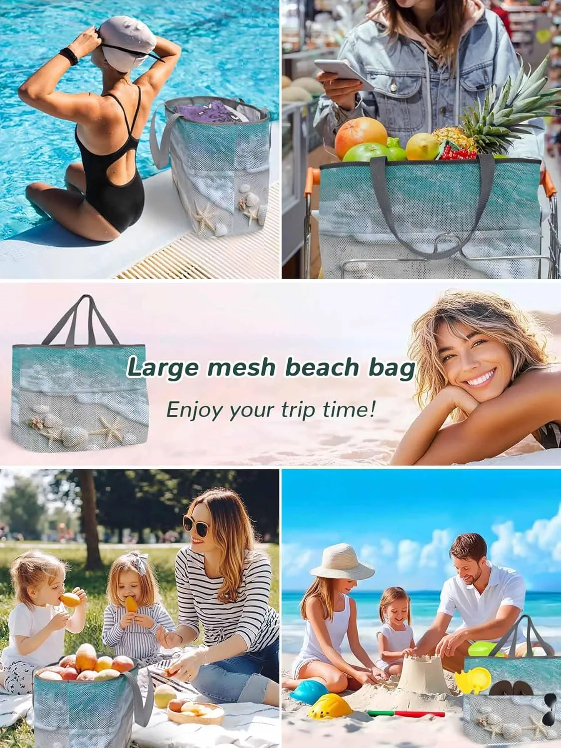 Mesh Beach Bag Oversized Tote Bags for Women Coastal Beach Shell Starfish Large Travel Pool Bags with 8 Pockets