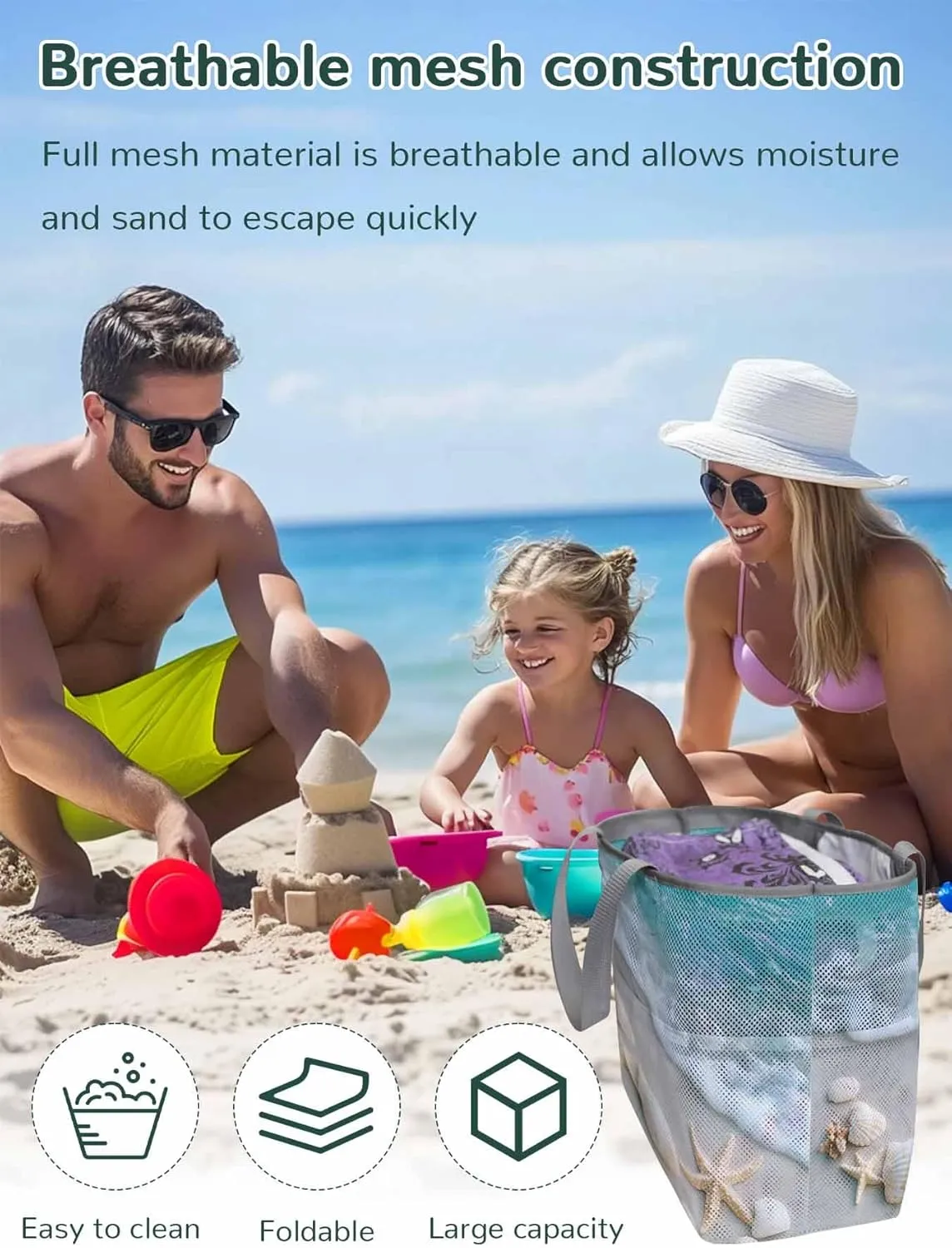 Mesh Beach Bag Oversized Tote Bags for Women Coastal Beach Shell Starfish Large Travel Pool Bags with 8 Pockets