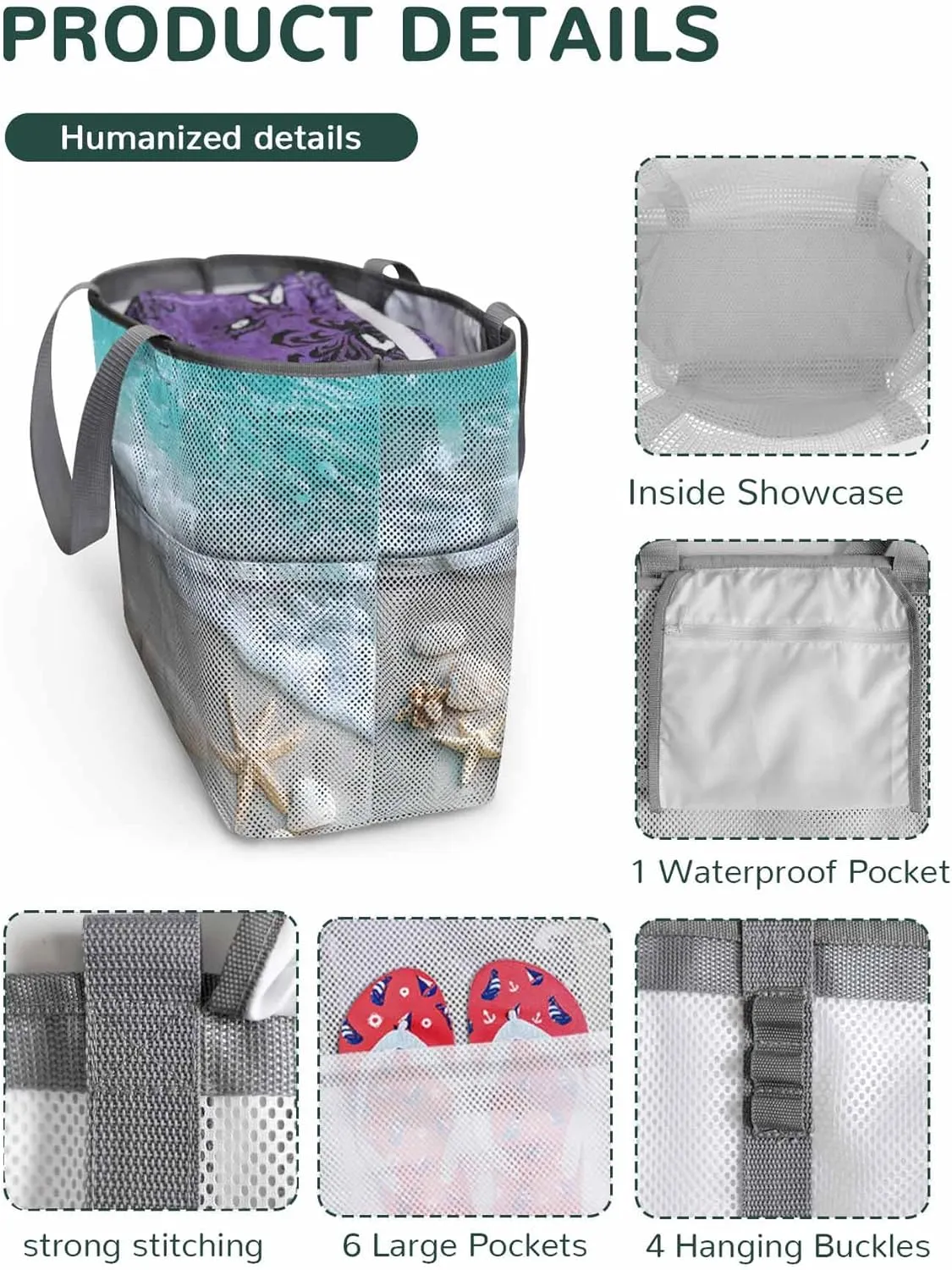 Mesh Beach Bag Oversized Tote Bags for Women Coastal Beach Shell Starfish Large Travel Pool Bags with 8 Pockets