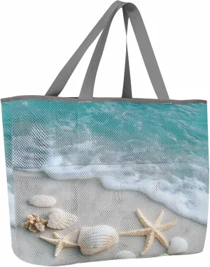 Mesh Beach Bag Oversized Tote Bags for Women Coastal Beach Shell Starfish Large Travel Pool Bags with 8 Pockets
