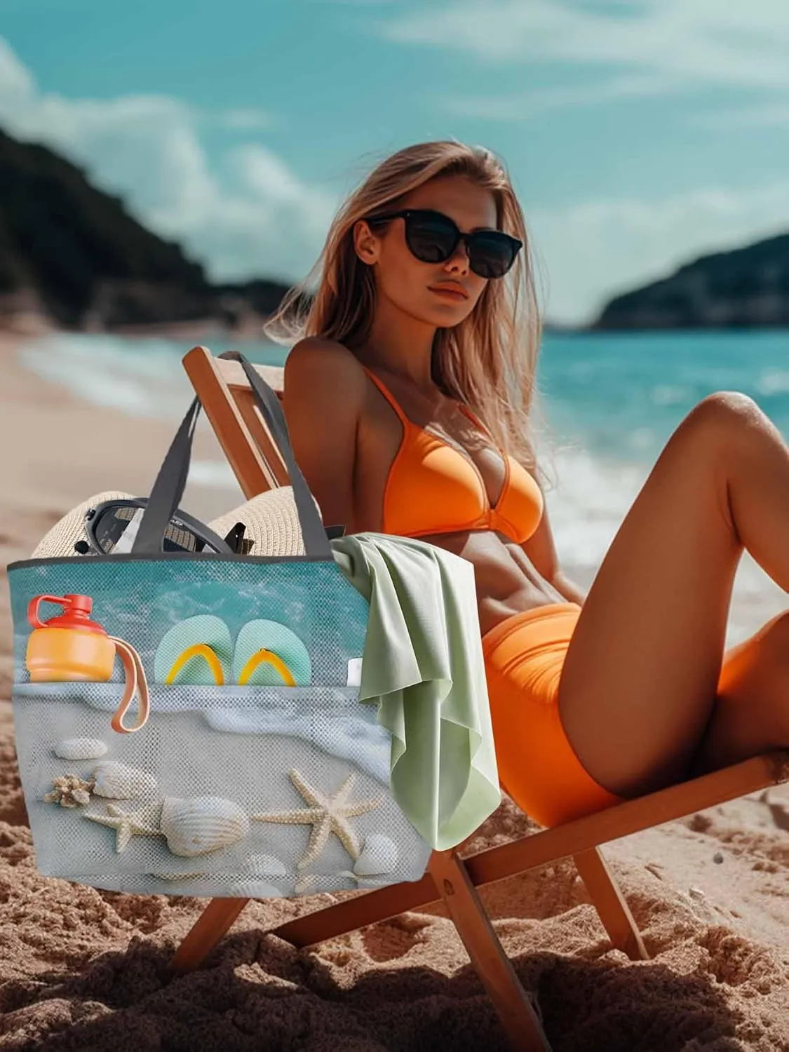 Mesh Beach Bag Oversized Tote Bags for Women Coastal Beach Shell Starfish Large Travel Pool Bags with 8 Pockets