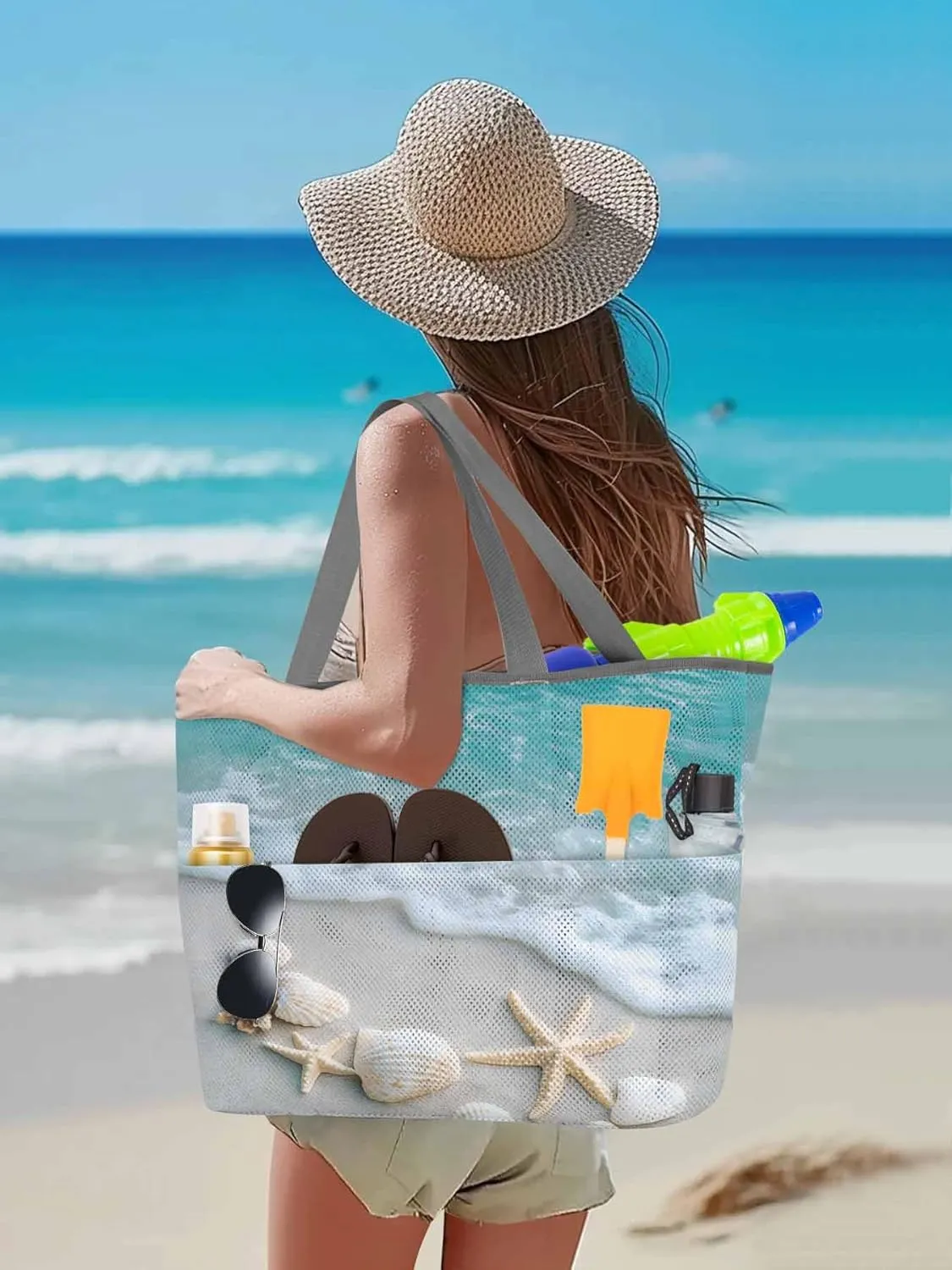 Mesh Beach Bag Oversized Tote Bags for Women Coastal Beach Shell Starfish Large Travel Pool Bags with 8 Pockets