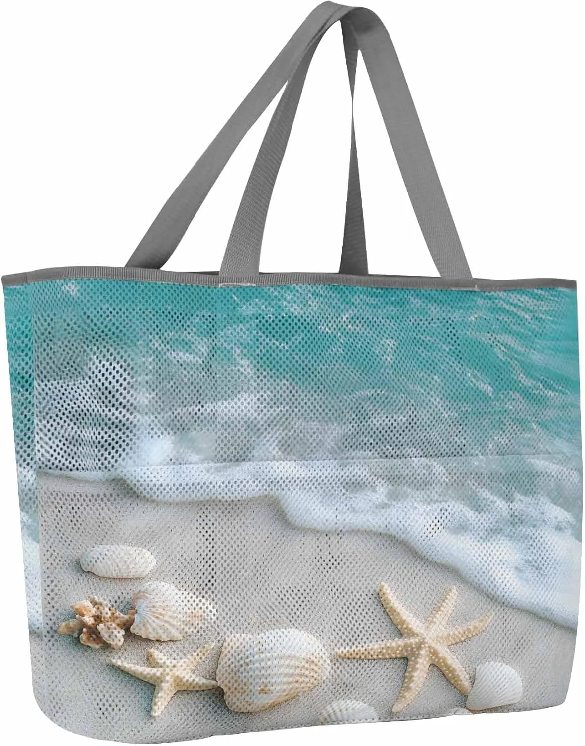 Mesh Beach Bag Oversized Tote Bags for Women Coastal Beach Shell Starfish Large Travel Pool Bags with 8 Pockets