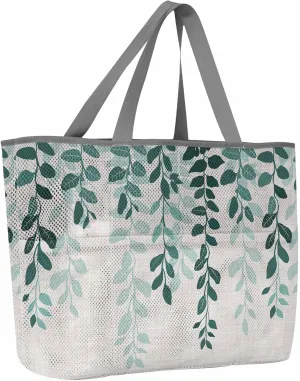 Mesh Beach Bag Oversized Tote Bags for Women Green Leaves Watercolor Foliage Rattan Large Travel Pool Bags with 8 Pockets