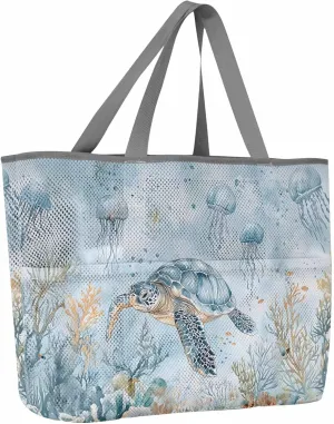 Mesh Beach Bag Oversized Tote Bags for Women Summer Sea Turtle Jellyfish Coral Large Travel Pool Bags with 8 Pockets