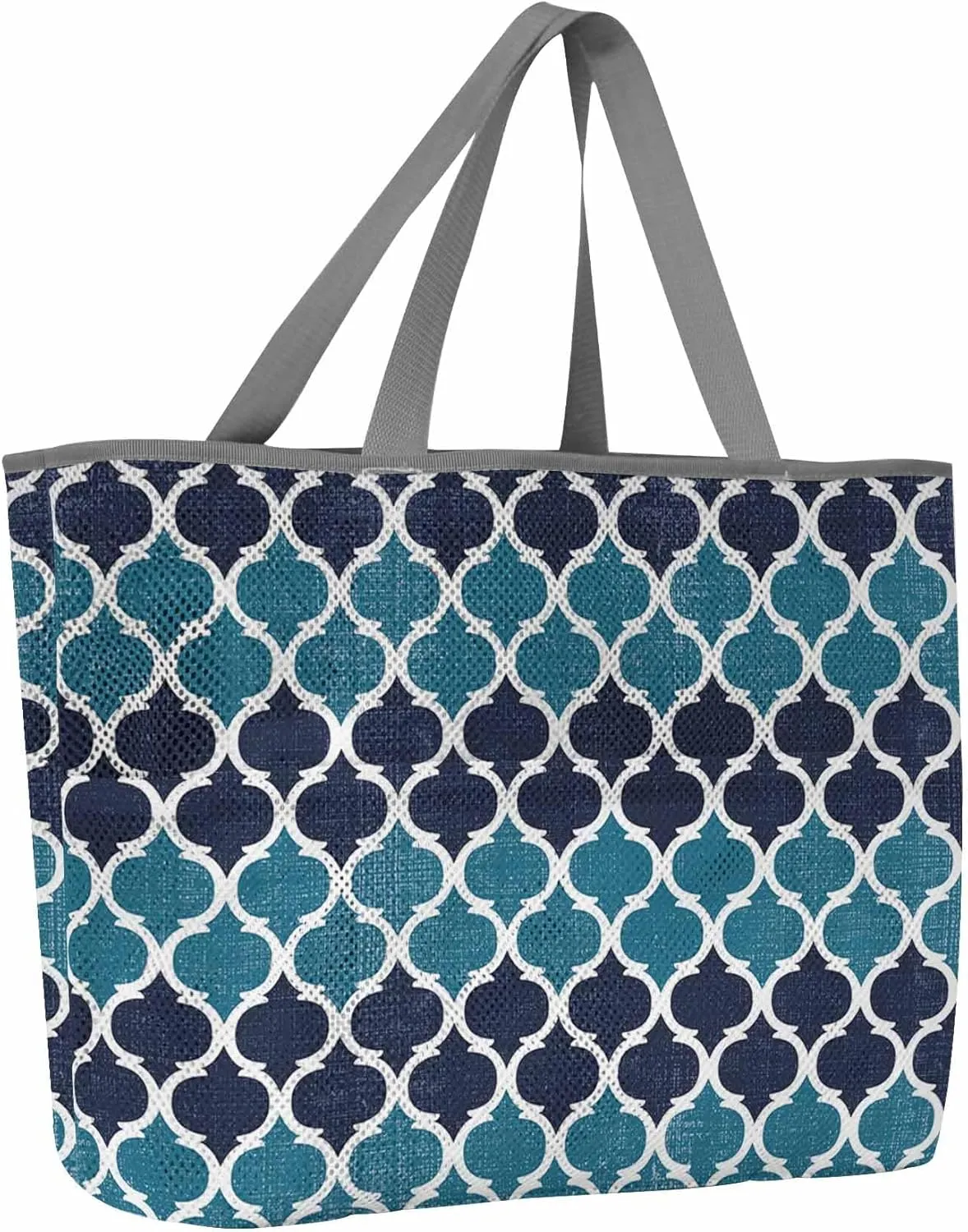 Mesh Beach Bag Oversized Tote Bags for Women Teal Moroccan Pattern Buffalo Check Large Travel Pool Bags with 8 Pockets