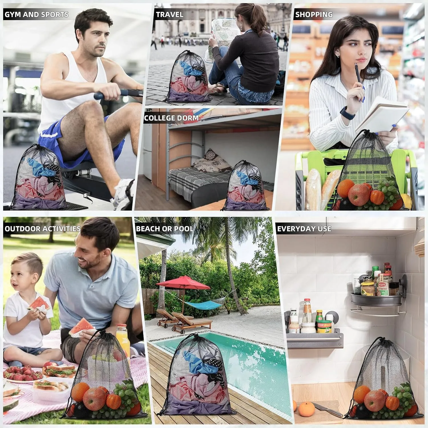 Mesh Drawstring Bag Durable Delicate Mesh Laundry Bag Multicolor Nylon Mesh Bag Small Mesh Gym Bag Travel Mesh Beach Bag Locking Closure Storage Bag For College, Gym, Yoga, Sport