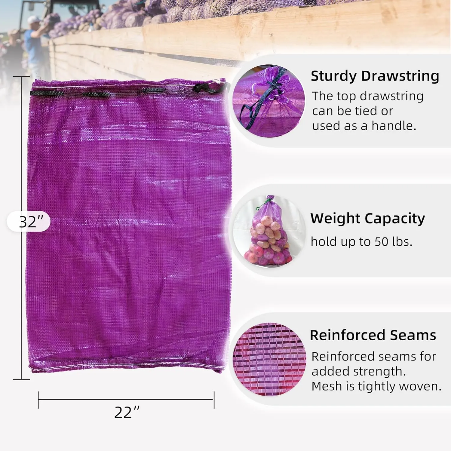 Mesh Firewood Bags 22"×32" Crawfish Sacks, Firewood Bags for Selling, Onion Bag Storage Potato Sacks Mesh Wood Bag Bulk (Pack of 10)