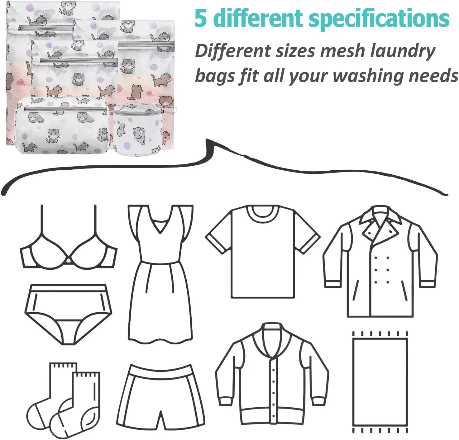 Mesh Laundry Bags for Delicates with Cute Prints,Set of 5 Lingerie Bags for Washing Delicates,Delicates Laundry Bags for Bra,Lingerie,Underwear,Sock(CAT)